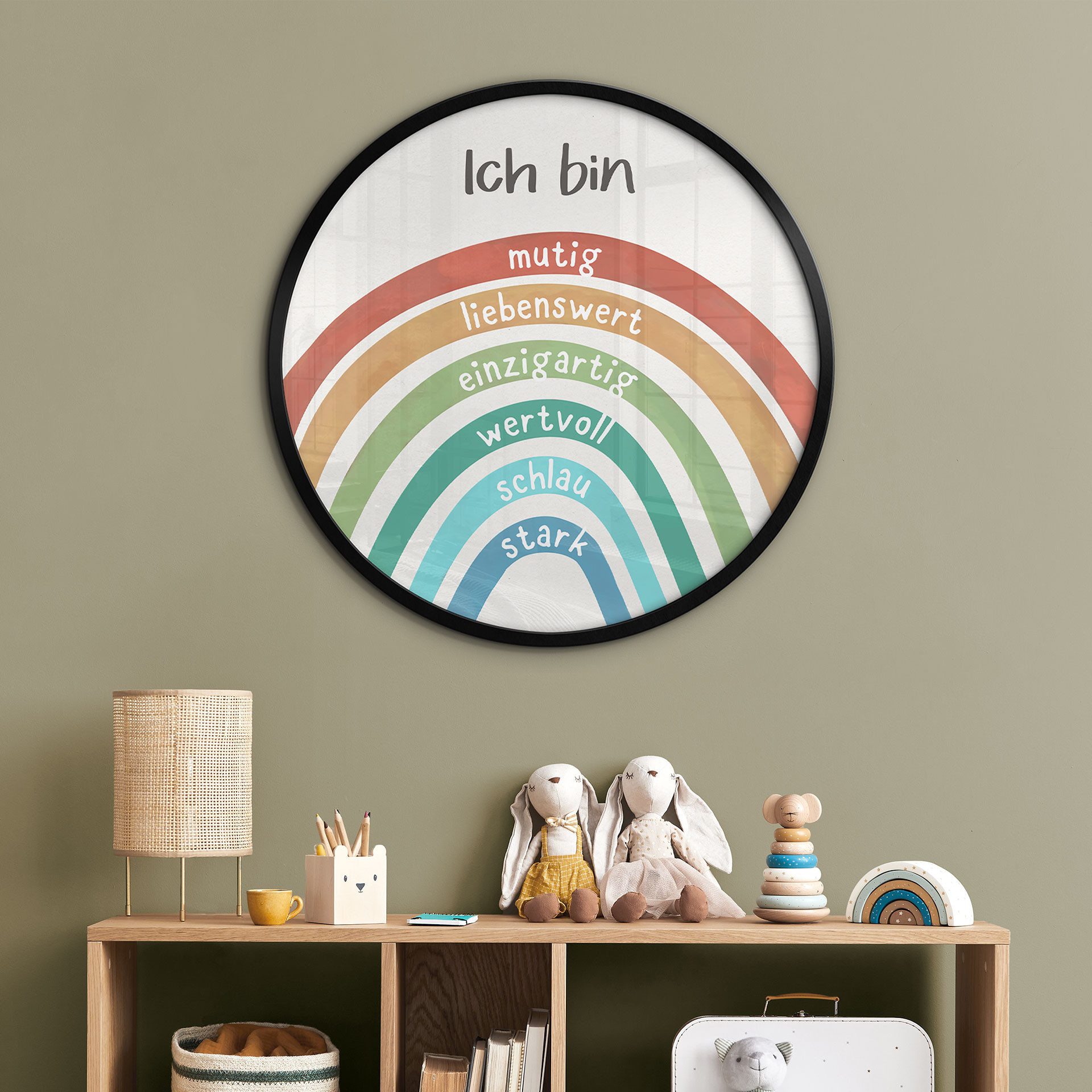 Rundes Kinder-Poster mit Regenbogen und Bestärkungen