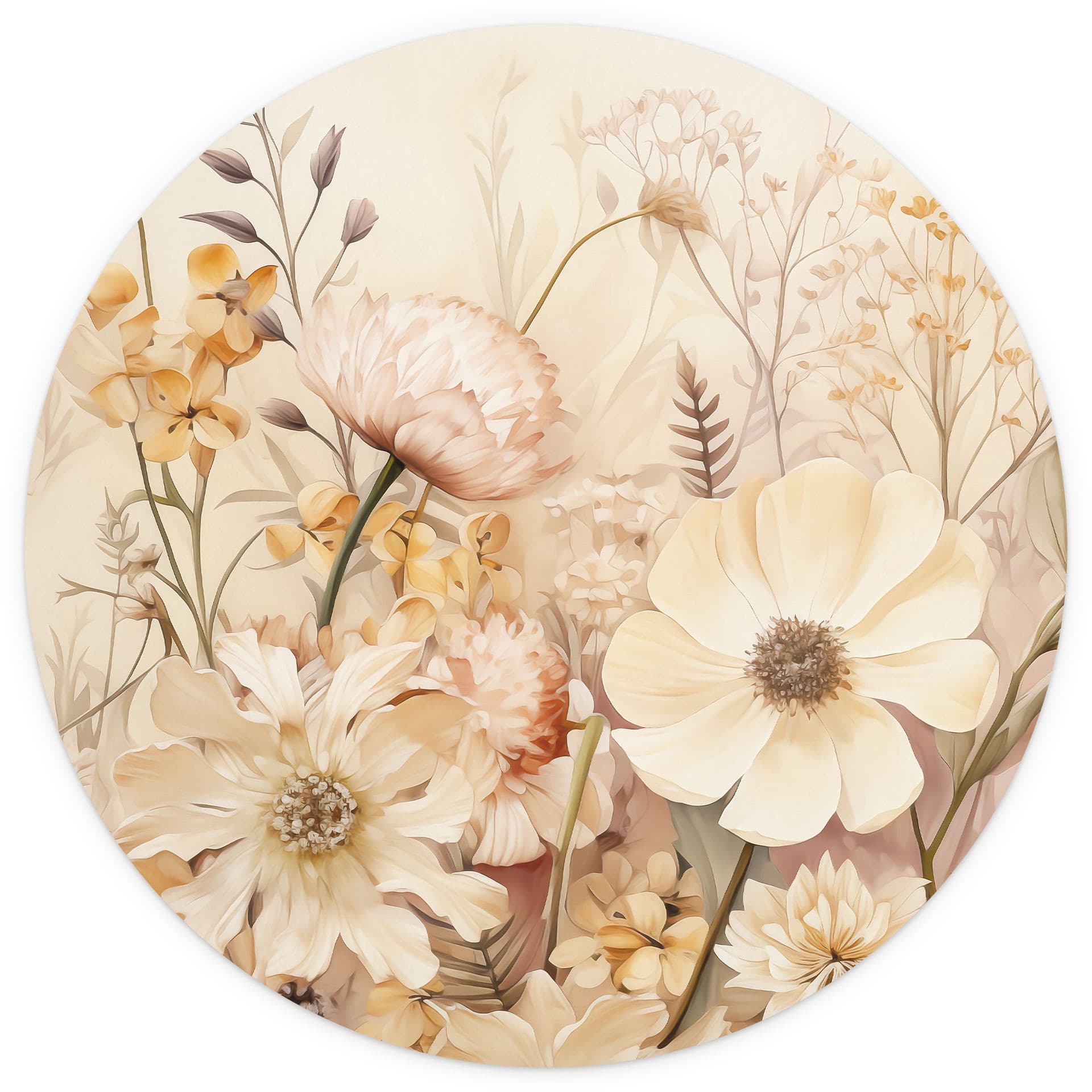 Vintage Bloemenpracht in de Weide | Bloemenbehang - Lola Peacock - Rond - vliesbehang/zelfklevend vl