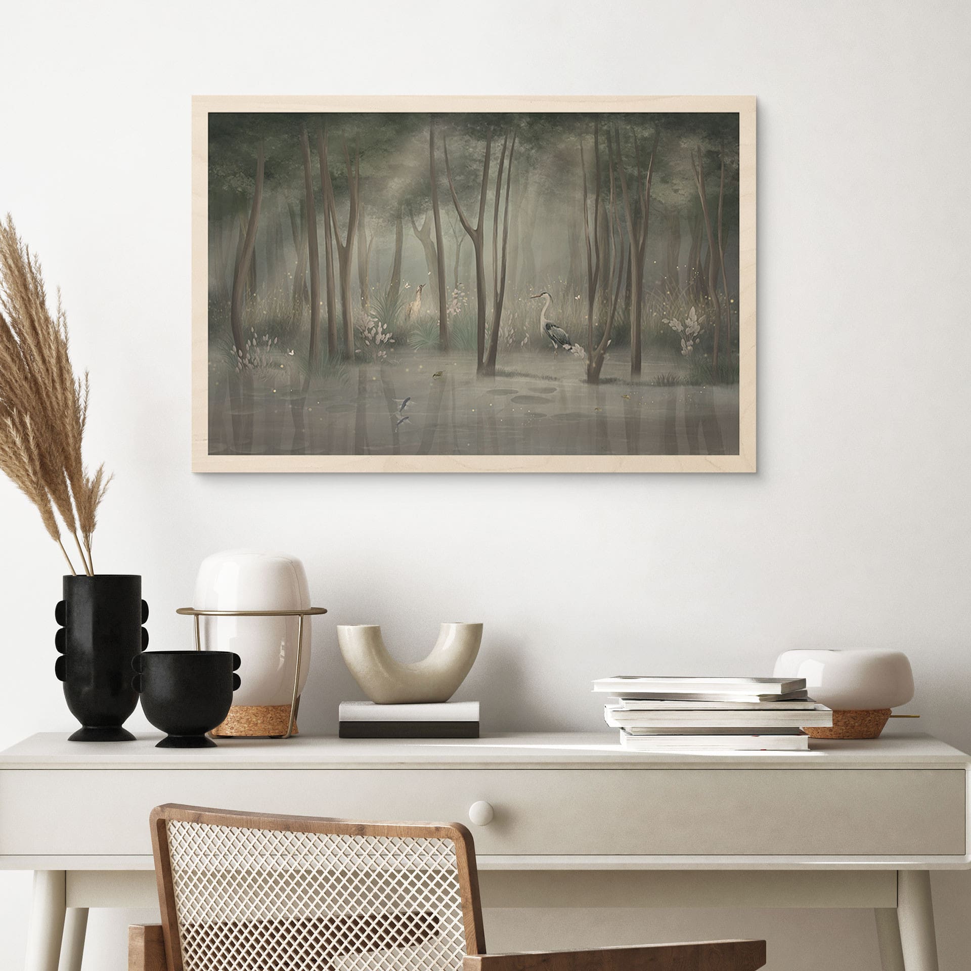 Houten Wanddecoratie wolkenbos bij een meer met reiger in het groen - Ms Tiff