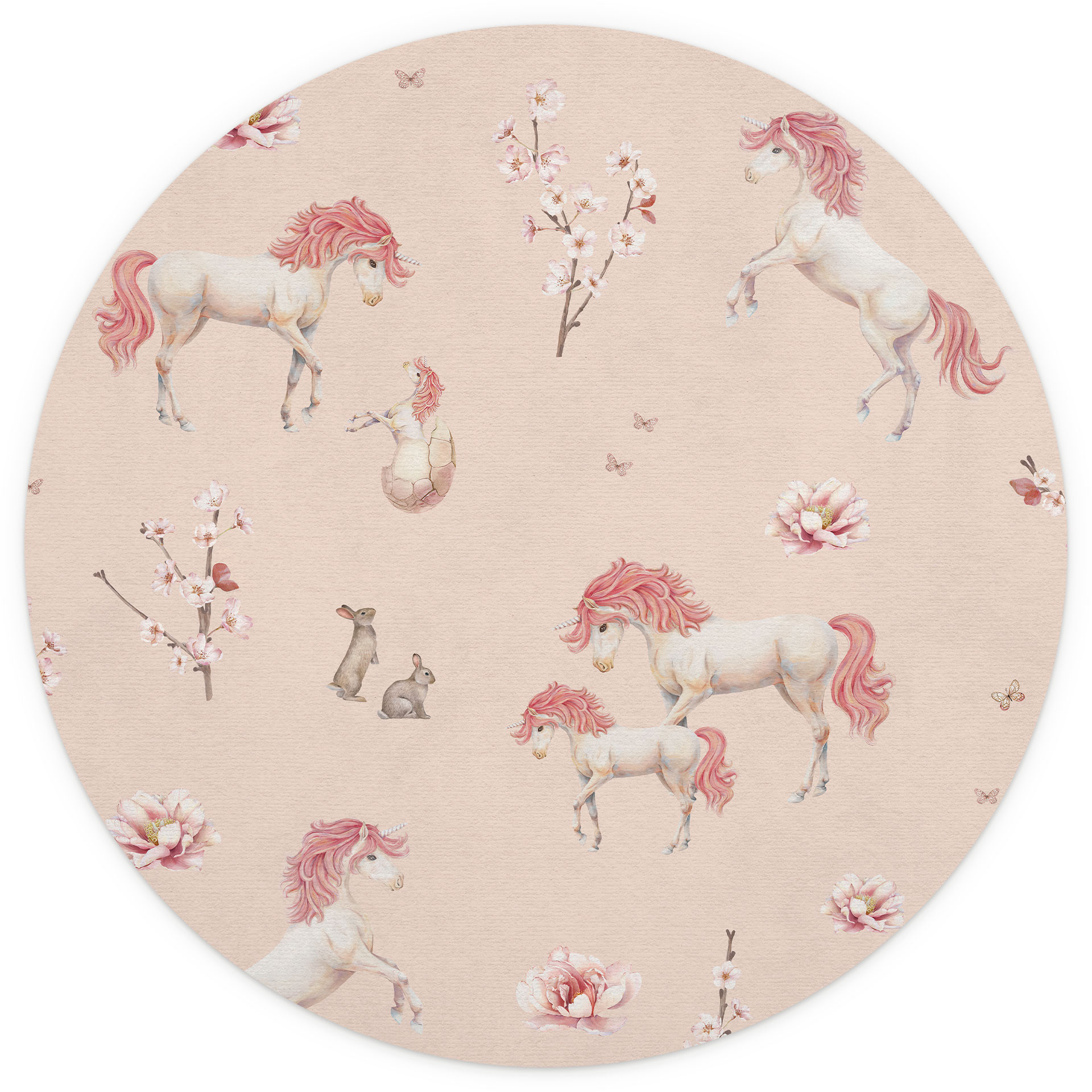 Betoverende eenhoorns met kersenbloesems behang - Kikki Belle - Rond - vliesbehang/zelfklevend vlies