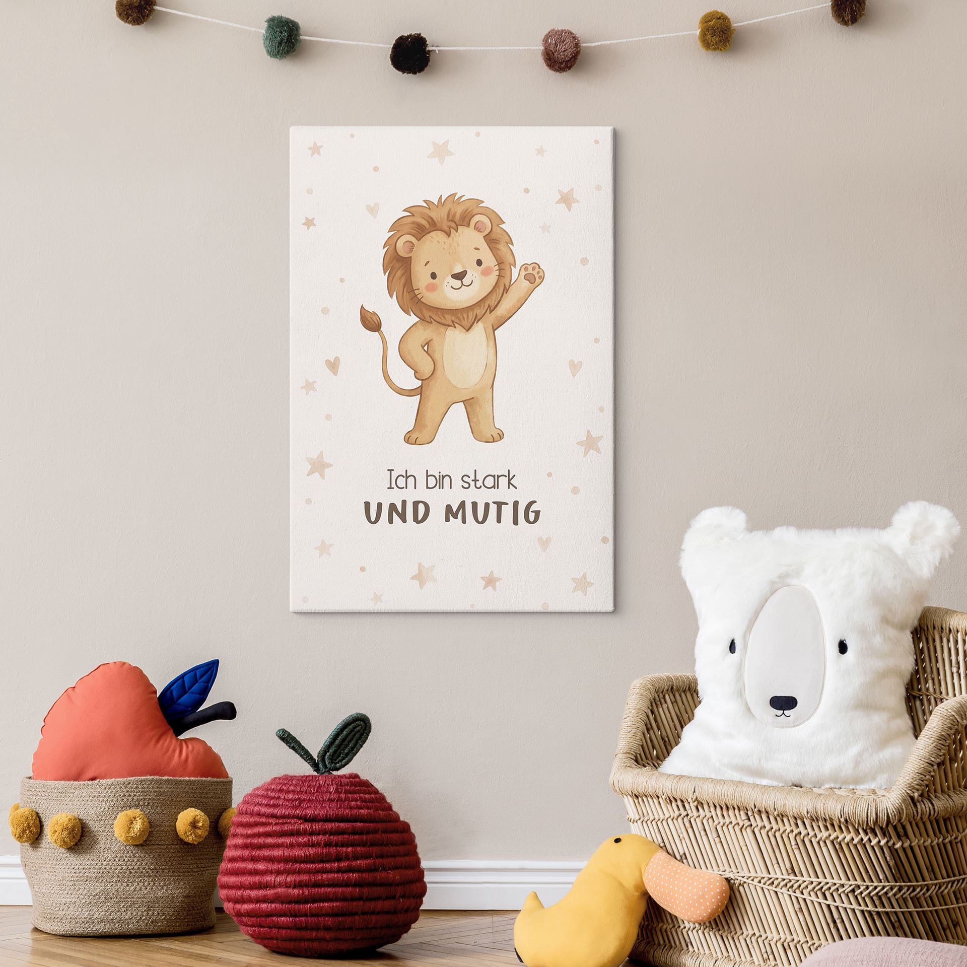 Leinwandbild mit Löwe - Affirmation 'Ich bin stark und mutig' für das Kinderzimmer