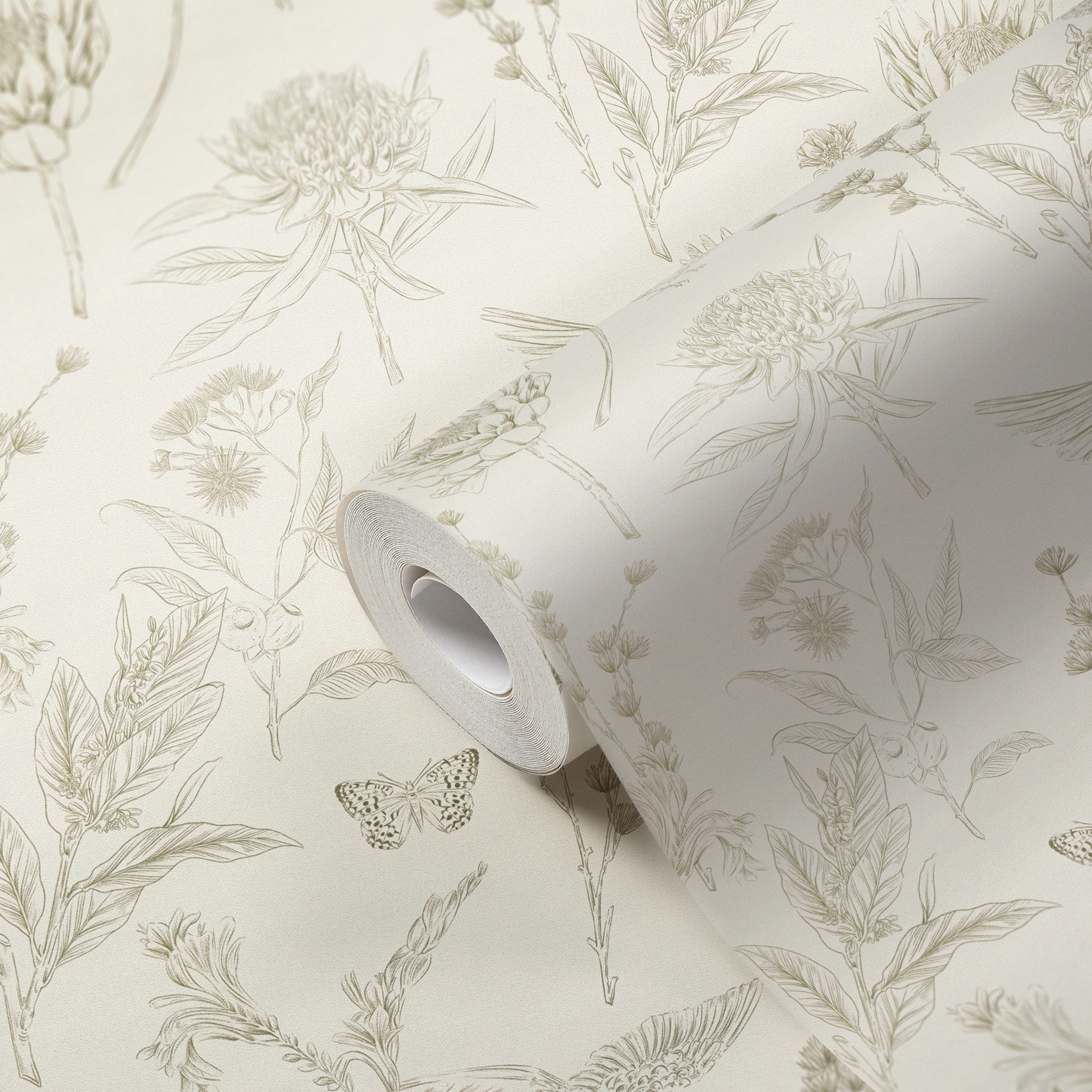 vliesbehang met bloemen en vogels wit groen - behang met bloemenmotieven