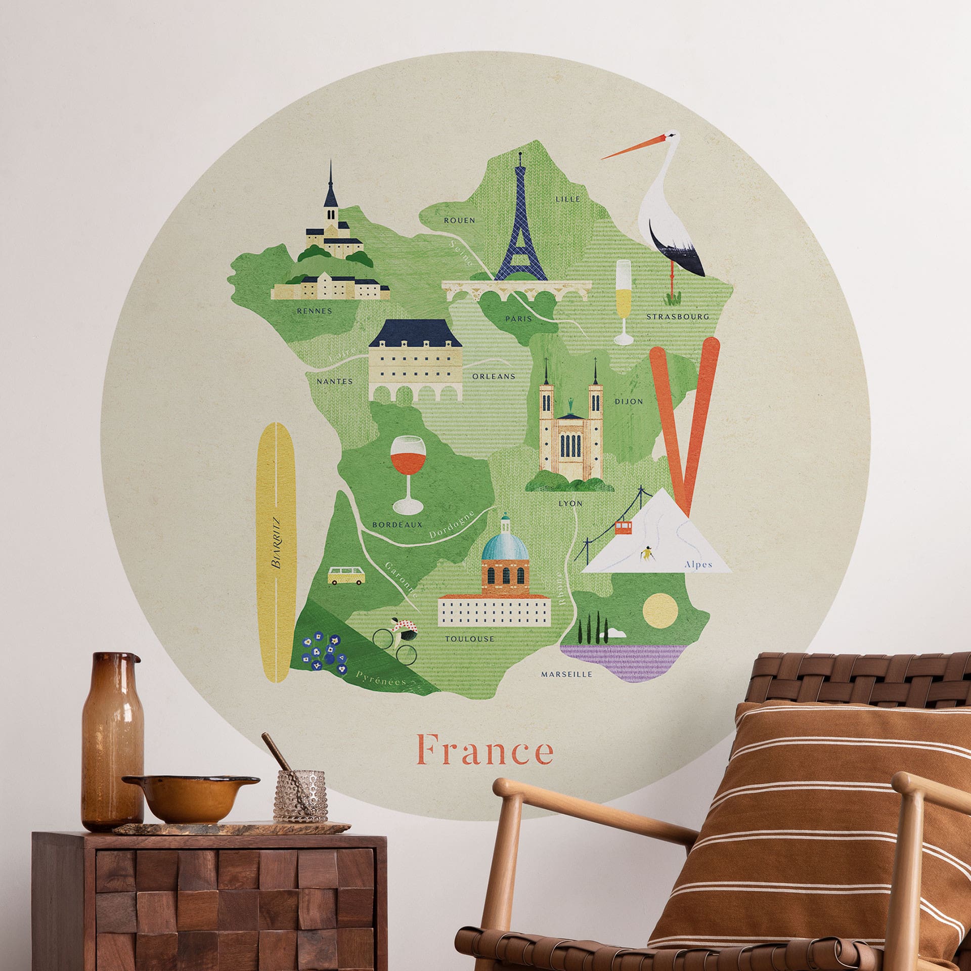 Naklejka na ścianę mapa Francji - Rivers - okrągła