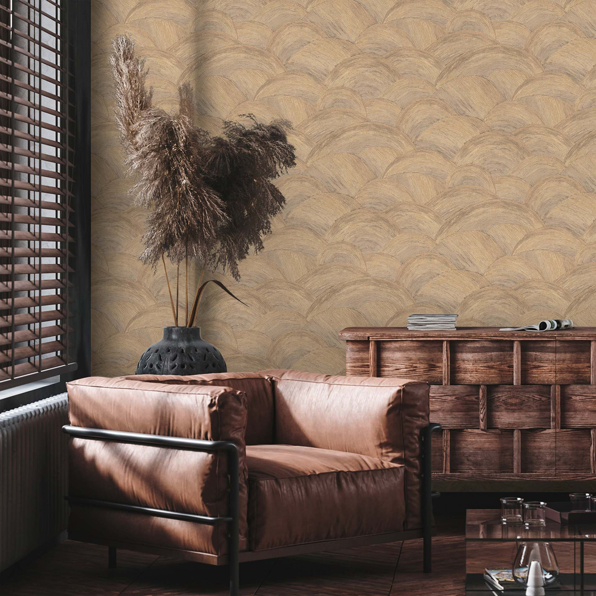 behang golfpatroon beige, bruin, goud - modern patroonbehang glanzend voor de keuken