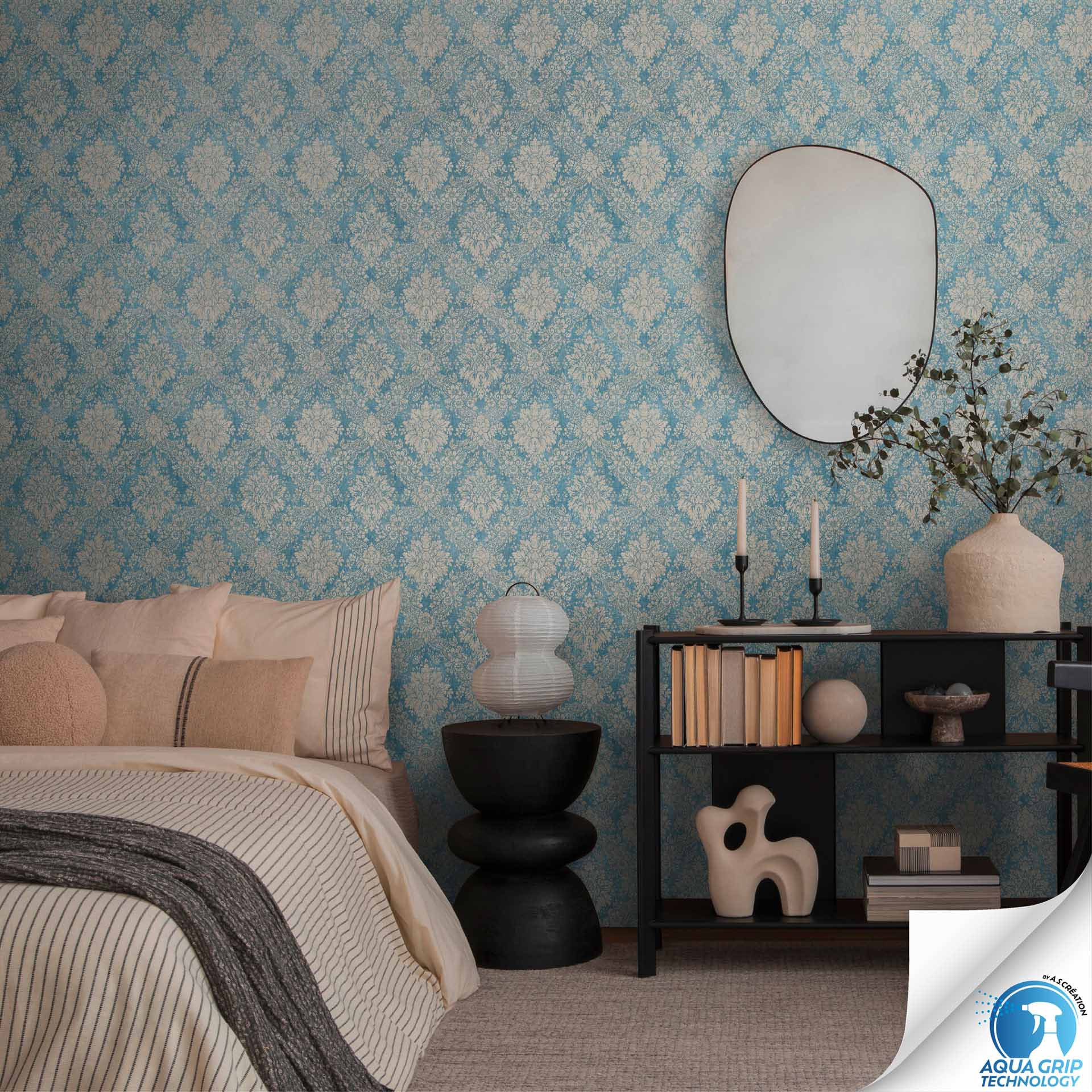 Sierbehang barok turquoise beige - klassiek Vliesbehang - behangen zonder plakken