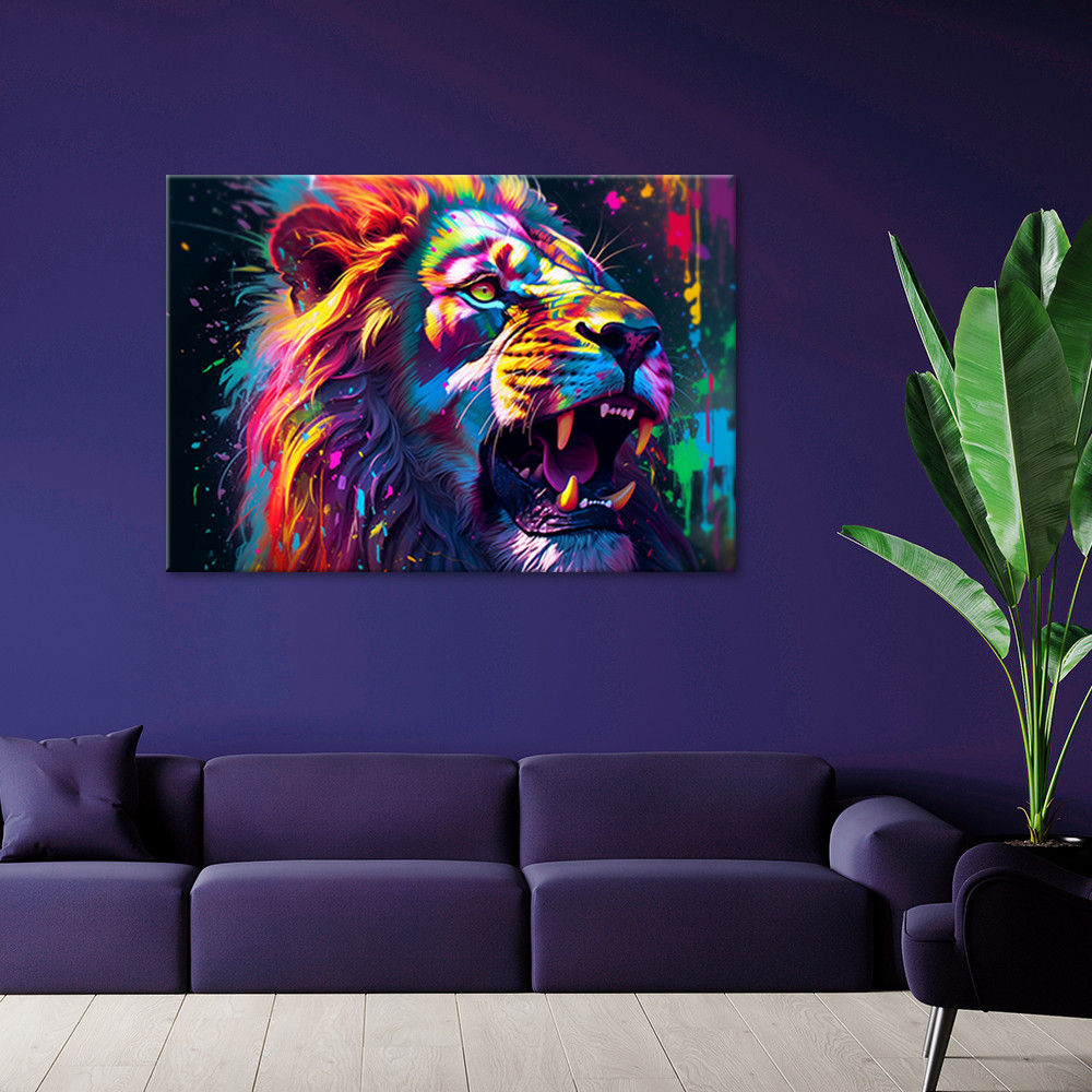 Lærred print, løve neon abstraktion