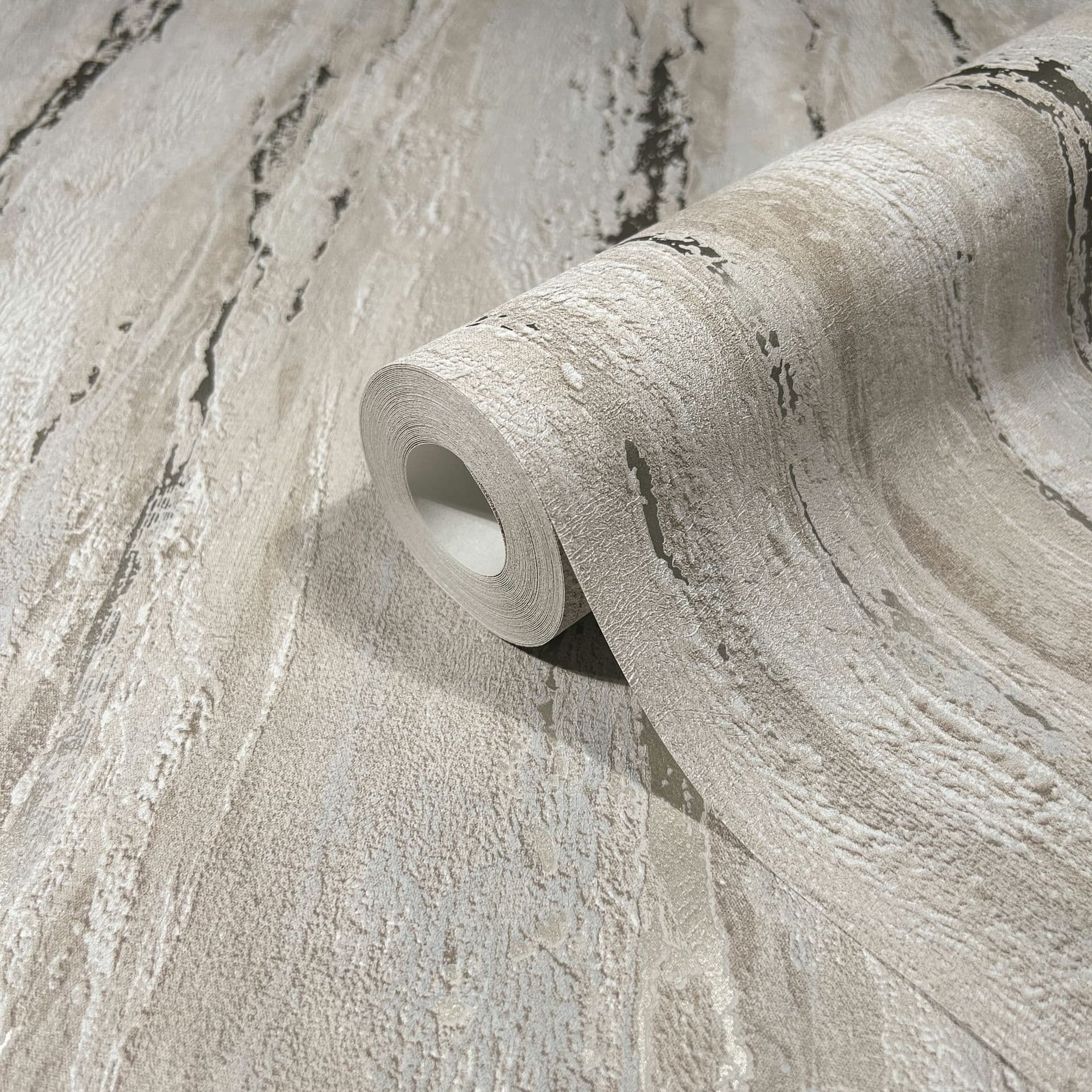 Vliesbehang met glanzende, grove structuur grijs, beige pleisterlook