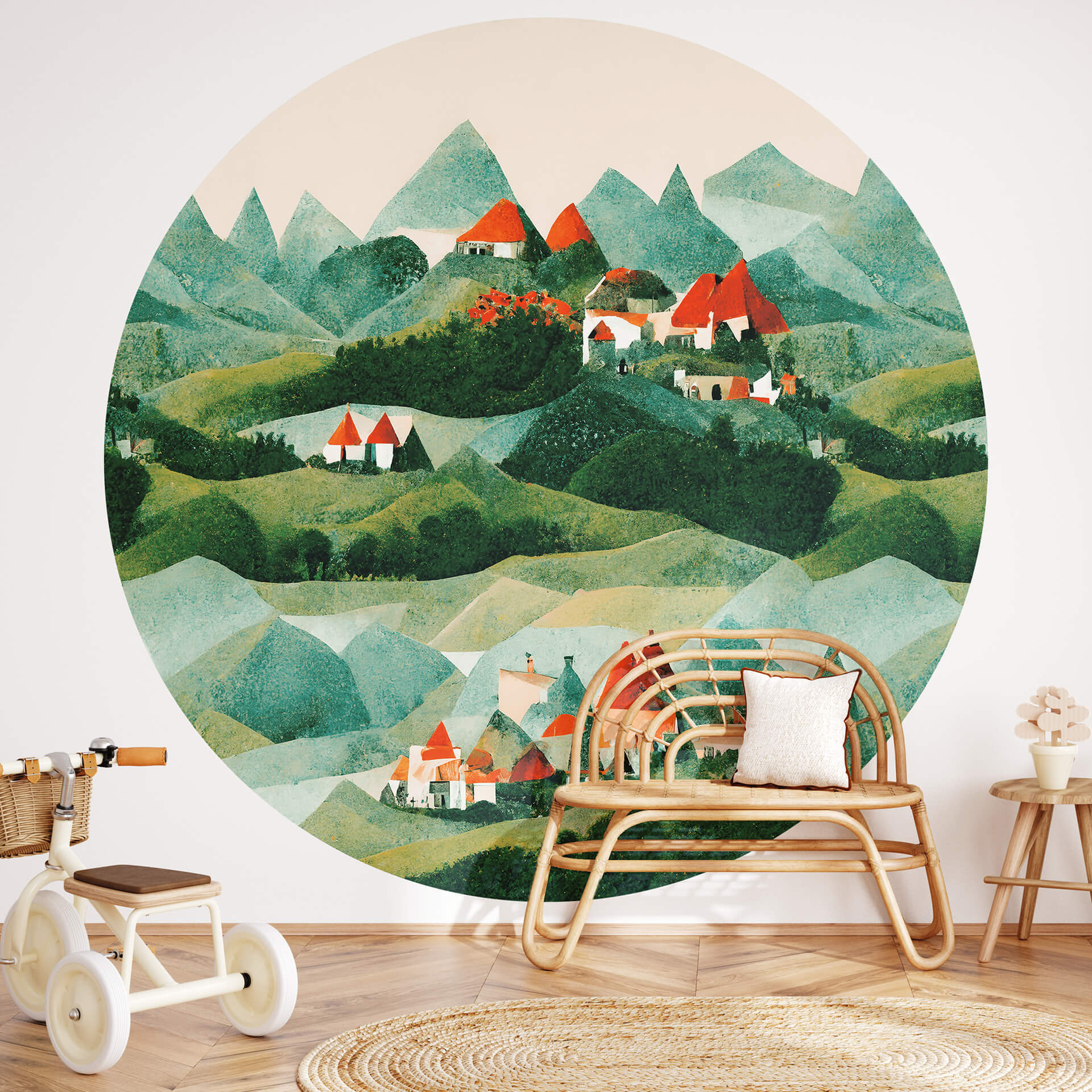 Behangcirkel Treechild - Small village in the middle of green hills - vliesbehang/zelfklevend vliesb