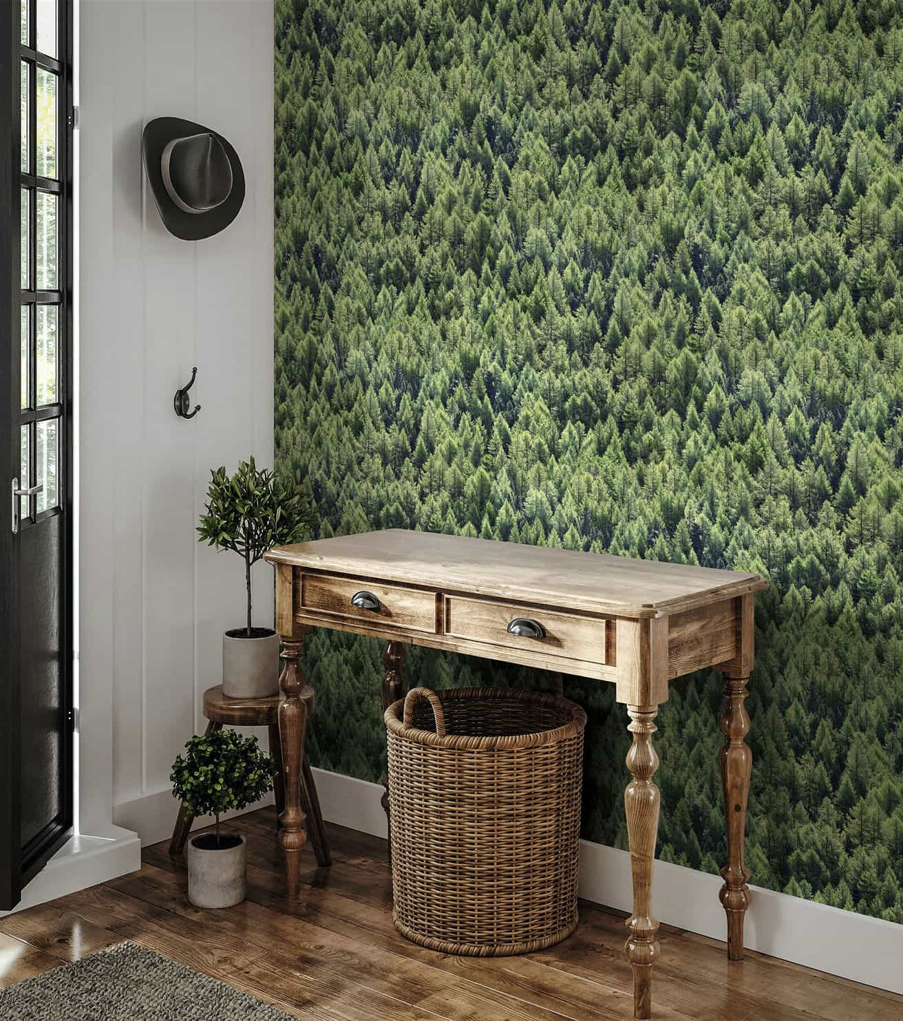 Vliesbehang in boslook met coniferen groen gebloemd