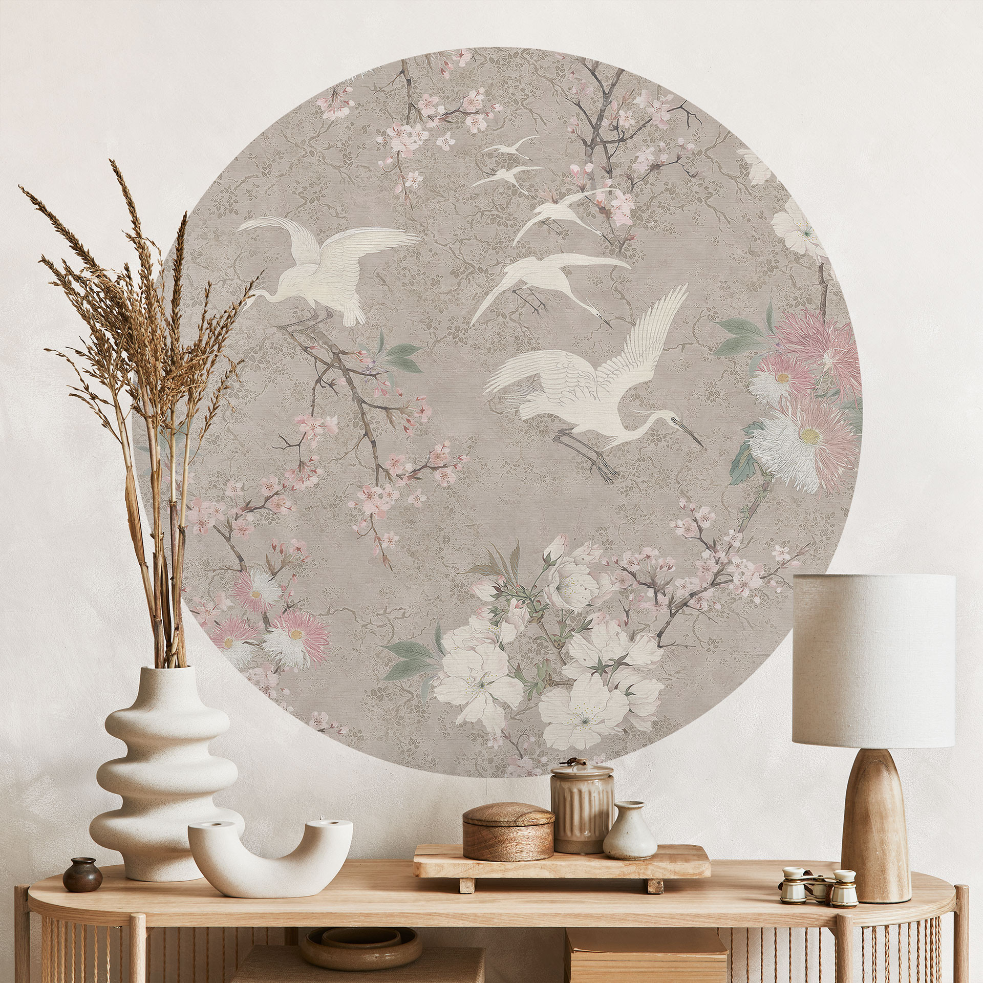 Naklejka na ścianę Żurawie w kwiecie wiśni beżowa - Bloomery Decor - okrągła