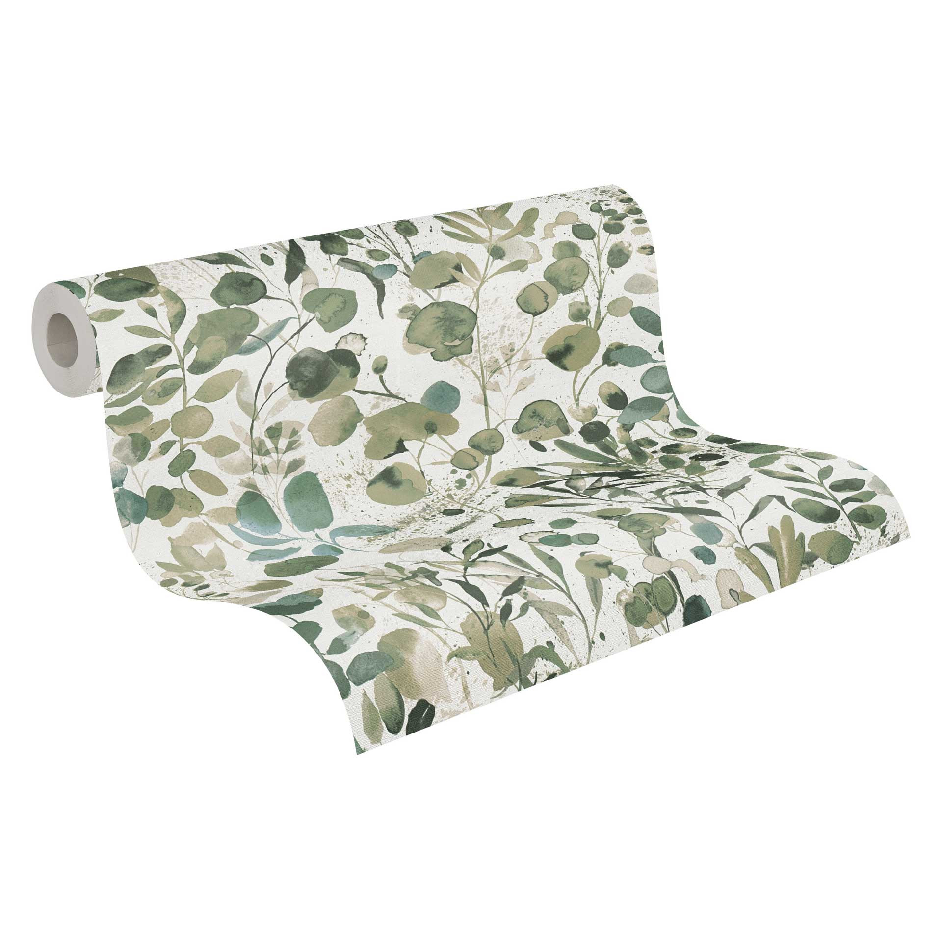 Planten behang aquarel groen wit - Vliesbehang met bladmotief - bloemen behang