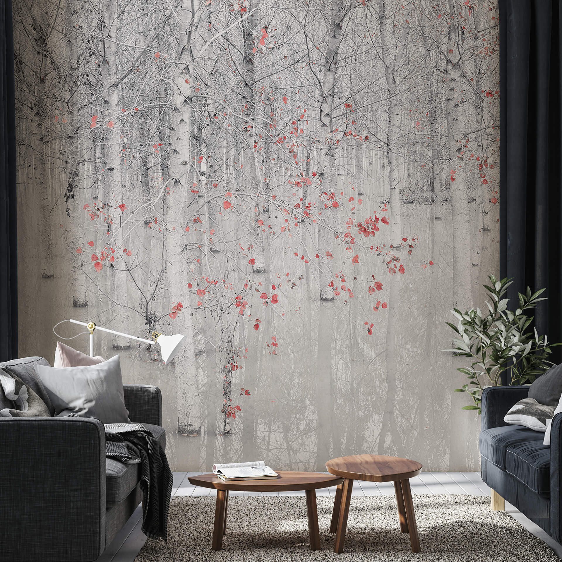 Fotobehang Carozzi - Wit Berkenbos met Rode Bladeren - Japandi Stijl