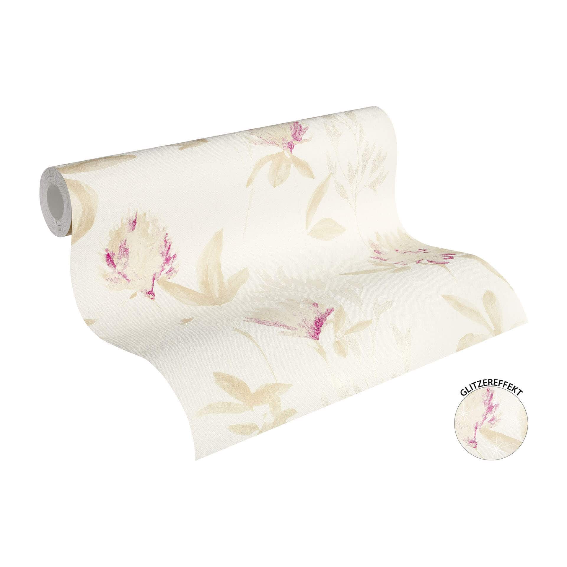 Designdschungel af Laura N. Fleecetapet Blomstertapet, beige, metallic, lilla
