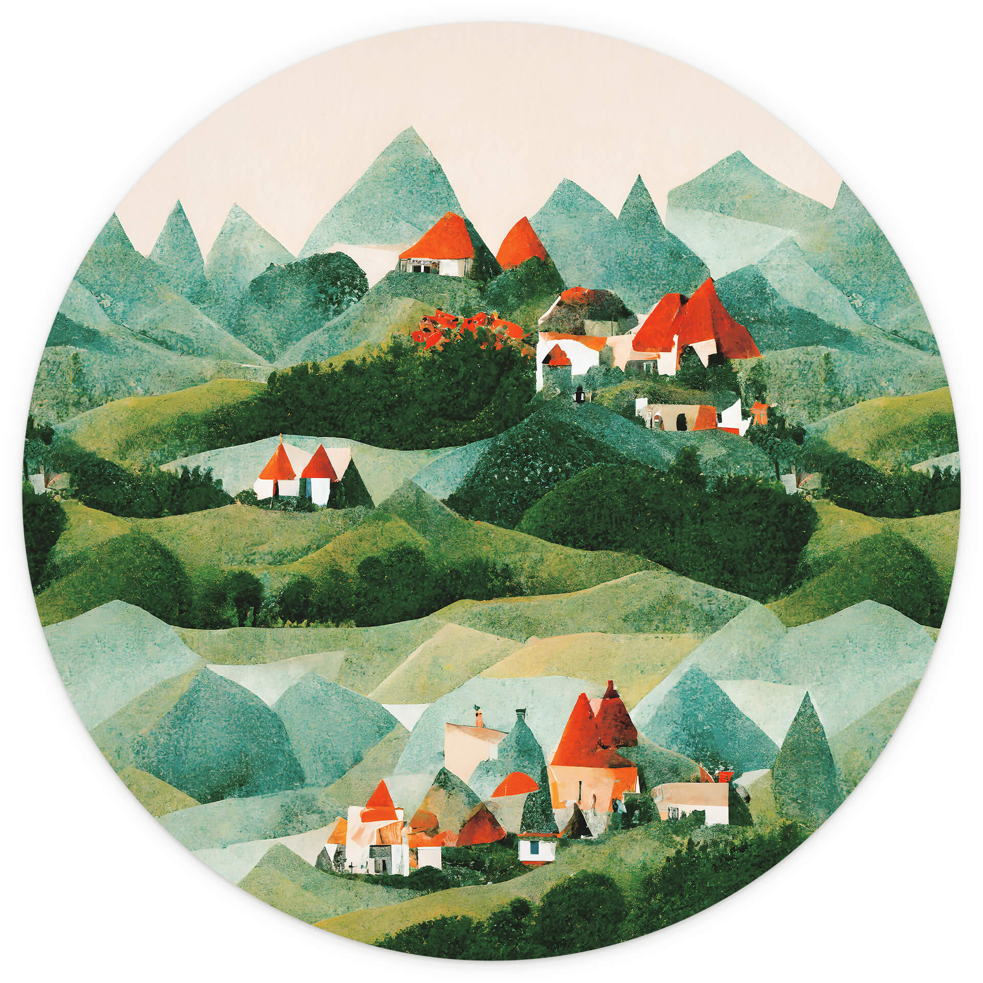 Behangcirkel Treechild - Small village in the middle of green hills - vliesbehang/zelfklevend vliesb