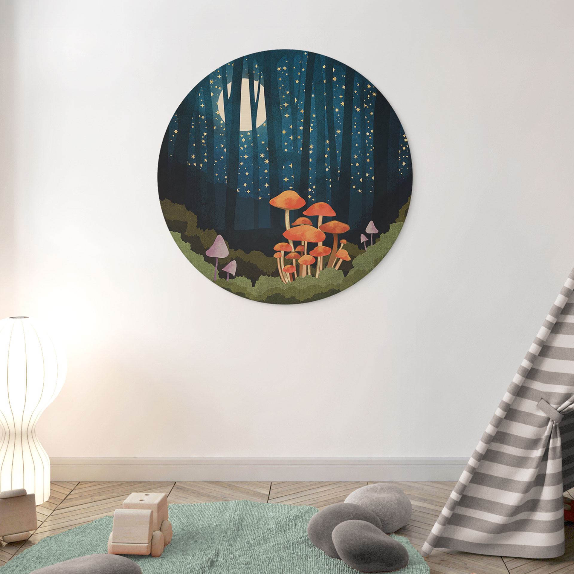 Obraz drewniany las i gwiazdy nocą - SpaceFrog Designs - Okrągły