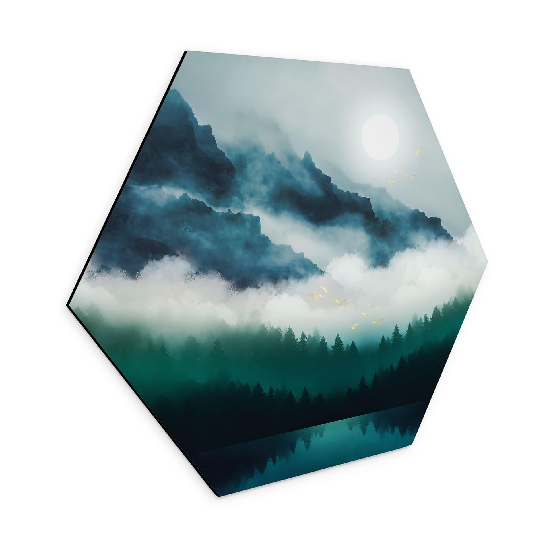 Hexagon Wandbild Neblige Landschaft in der Nacht - SpaceFrog Designs - Alu-Dibond