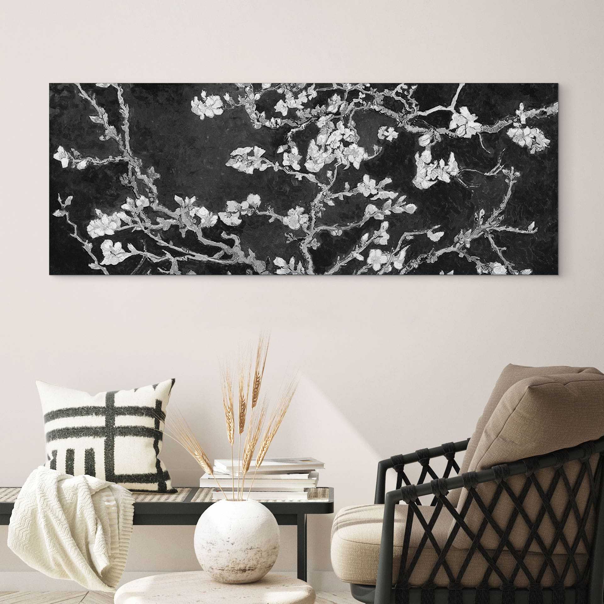 Wandbild van Gogh - Mandelblüte - schwarz - Panorama - Alu-Dibond