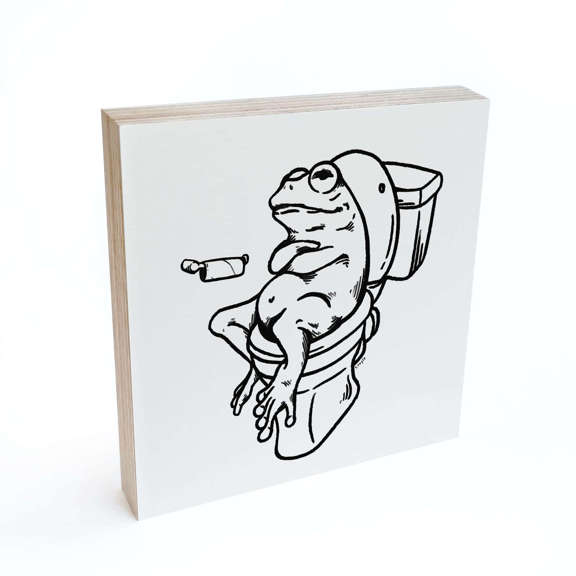 Træ dekoration blok Venter på toilettet - Humoristisk illustration af en frø - Royle
