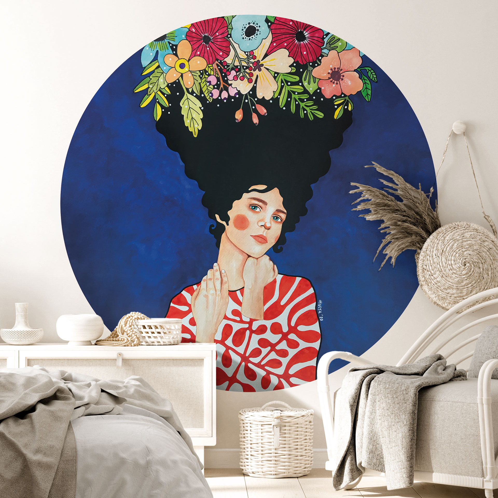 Fotobehang Vrouw met bloemen in het haar - Hülya - Rond - Zelfklevend/niet-geweven