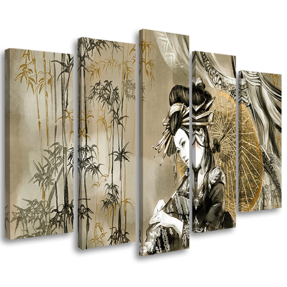 Lærred print 5 dele, geisha og bambus