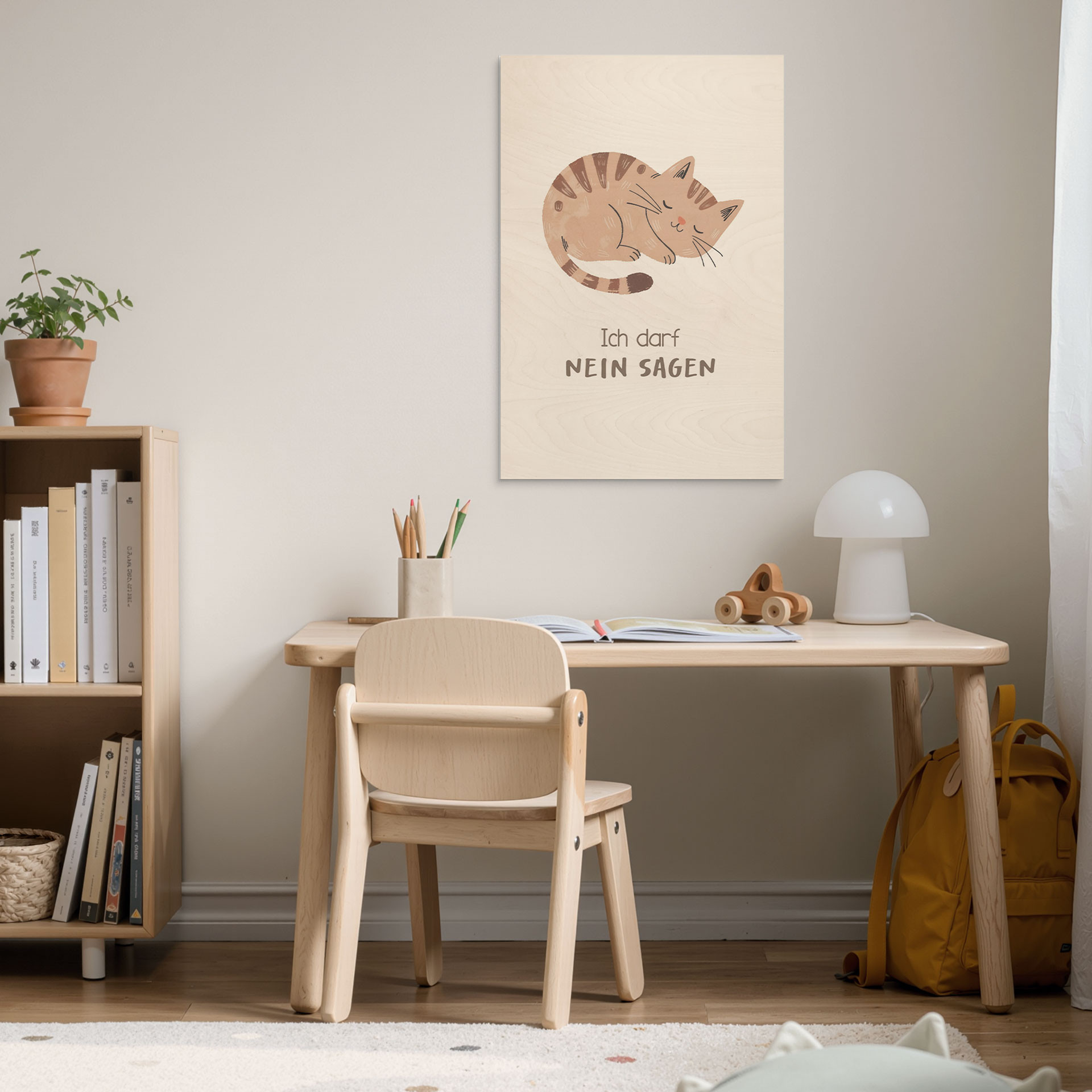Holzbild mit schlafender Katze - Glaubenssatz 'Ich darf nein sagen' fürs Kinderzimmer