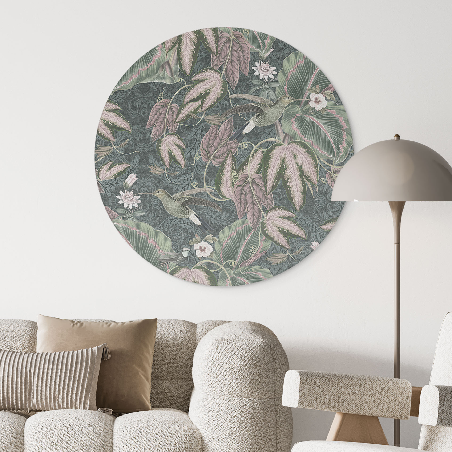 Billede af kolibri i en tropisk skov - Bloomery Decor - rund – print på aluminium (Alu-Dibond)