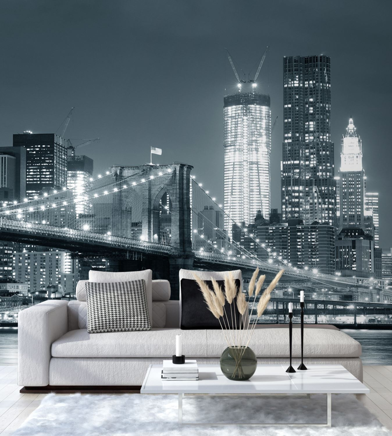 Fototapete, Brooklyn Bridge bei Nacht New York Schwarz-Weiß