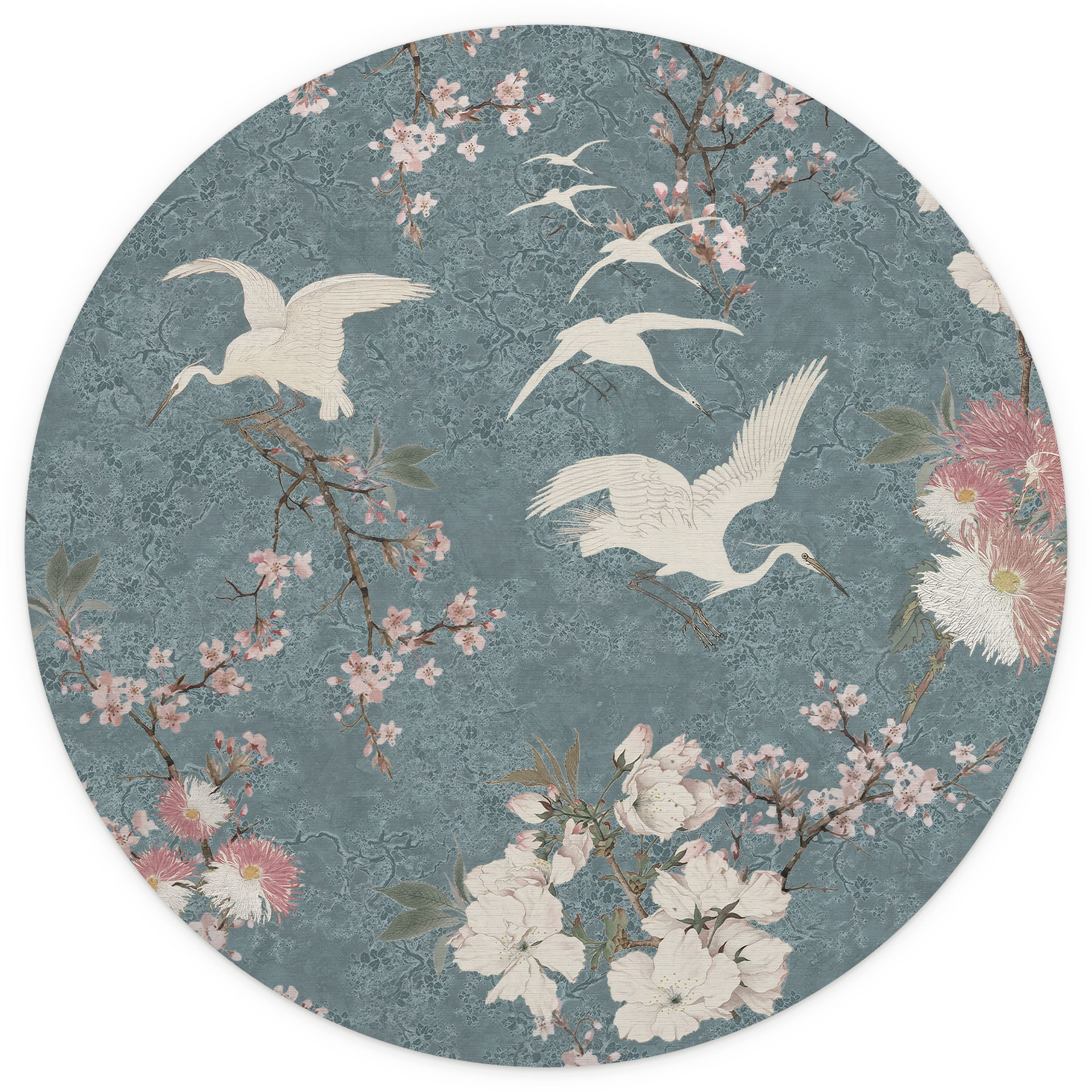 Blauwe kraanvogels in kersenbloesem Rush Behang - Bloemen Decor - Rond - Zelfklevend/niet-geweven