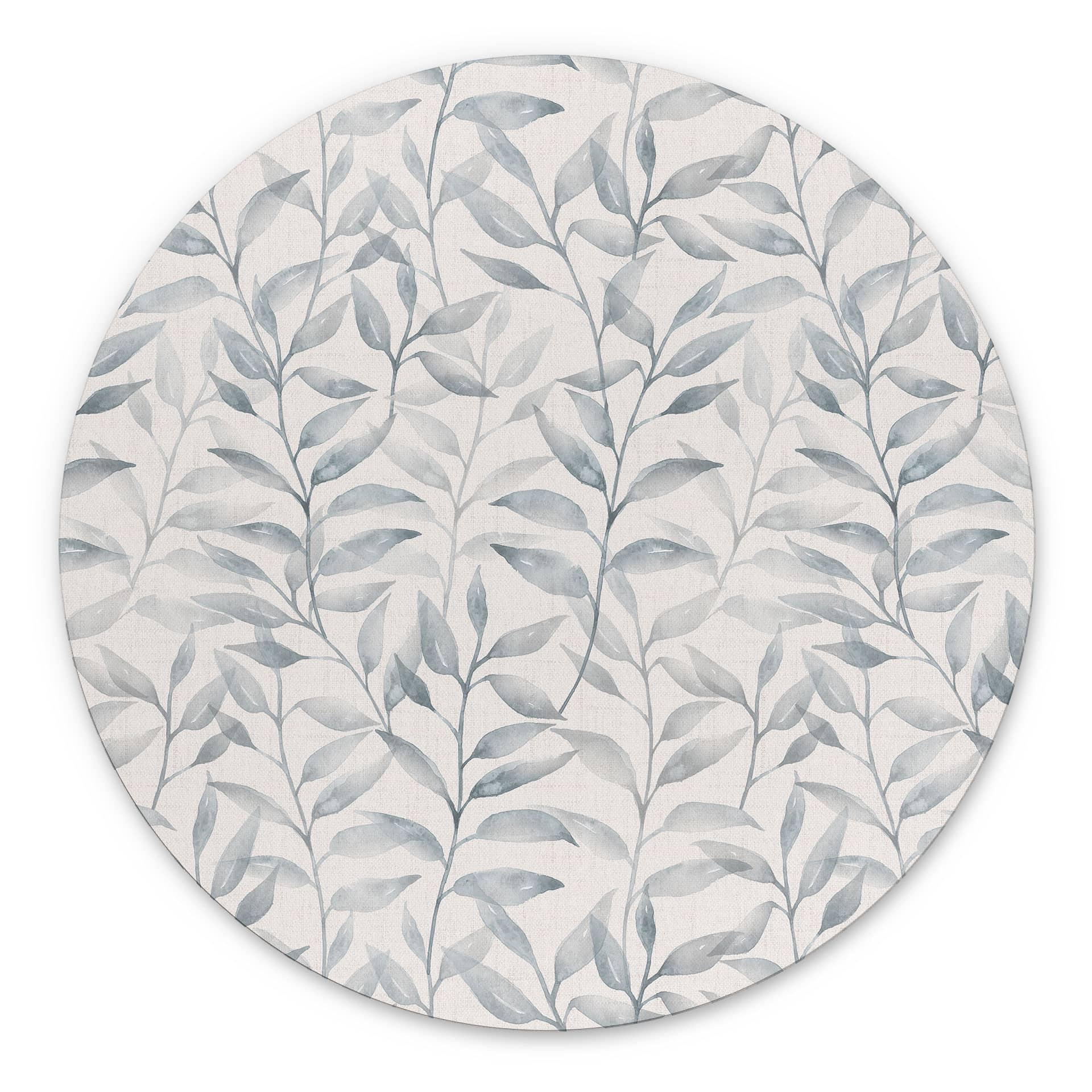 Billede Sarte akvarelblade - Blød grå - Blomsterdekor - Rund – print på aluminium