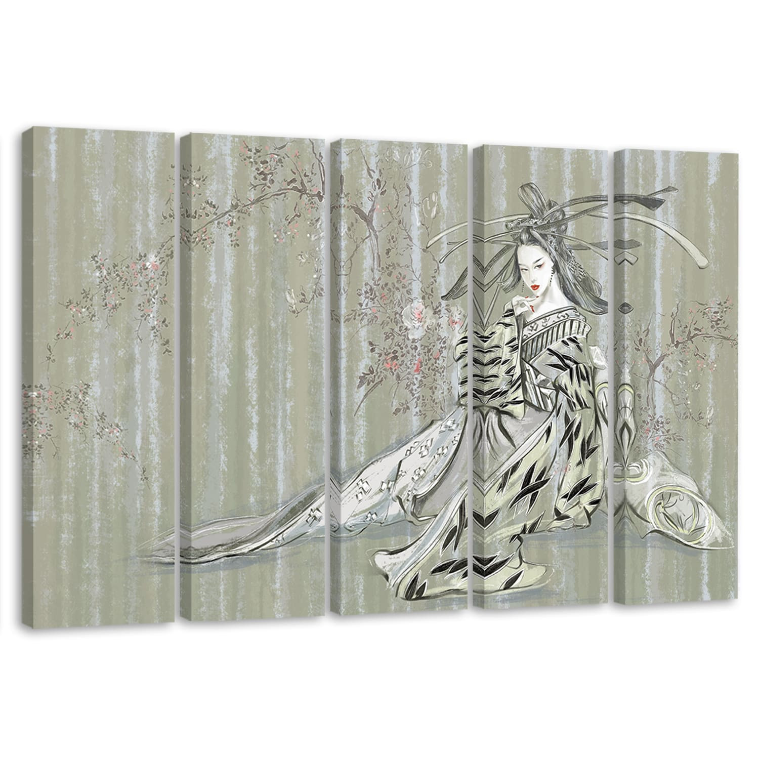 5 stykke lærredstryk, traditionel japansk geisha