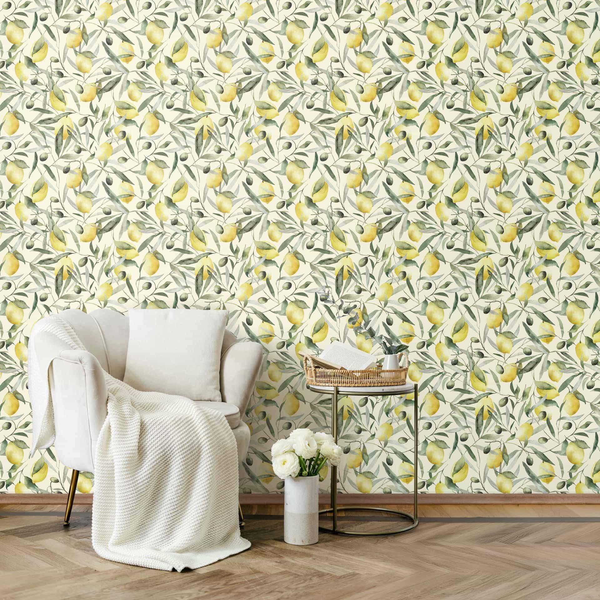 Vliesbehang citroenen, bladeren bloemen natuur mat in beige