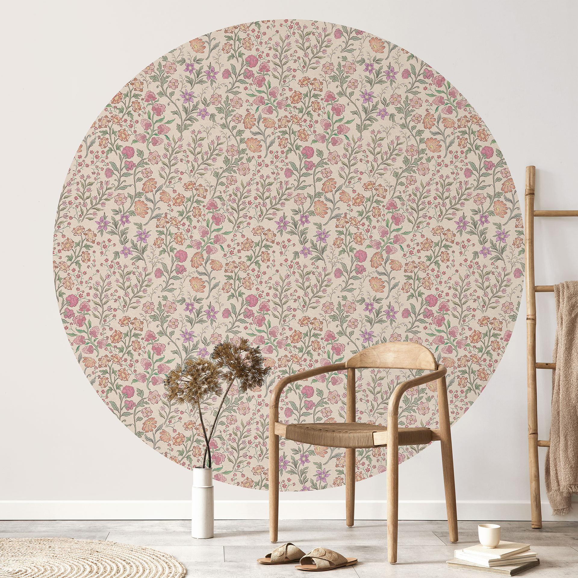Vintage weidebloemen Fotobehang - Beige - Bloemdecor - Rond - Zelfklevend/niet-geweven