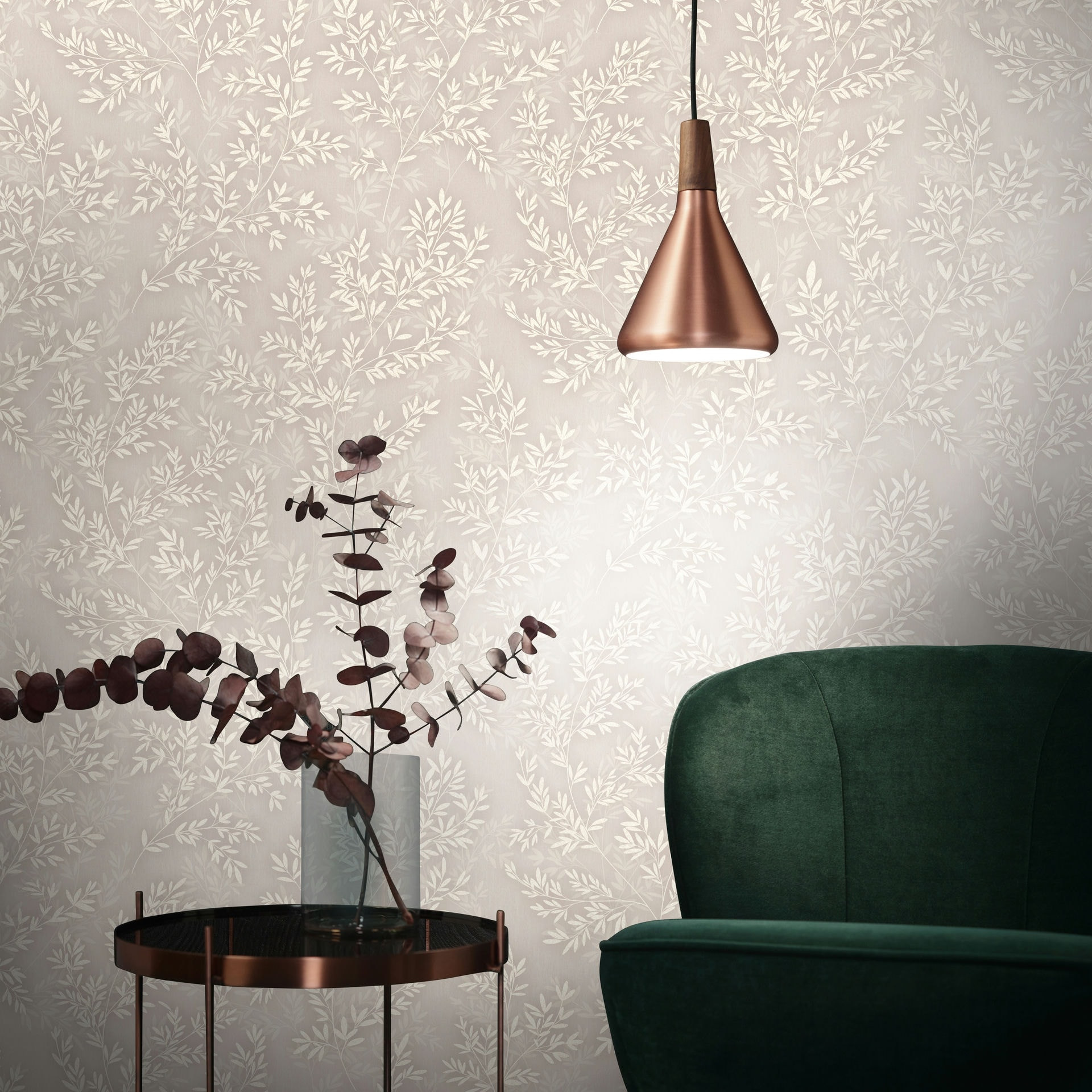 Vliesbehang bladeren bloem natuur mat in grijs beige