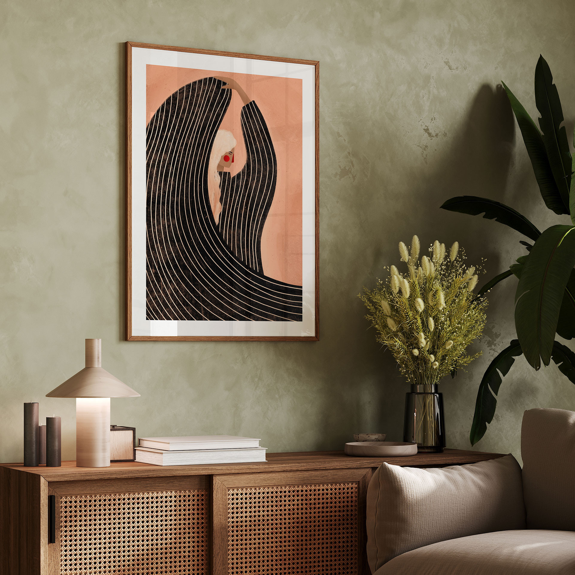 Poster Frau mit schwarzem Streifenkleid - Müller