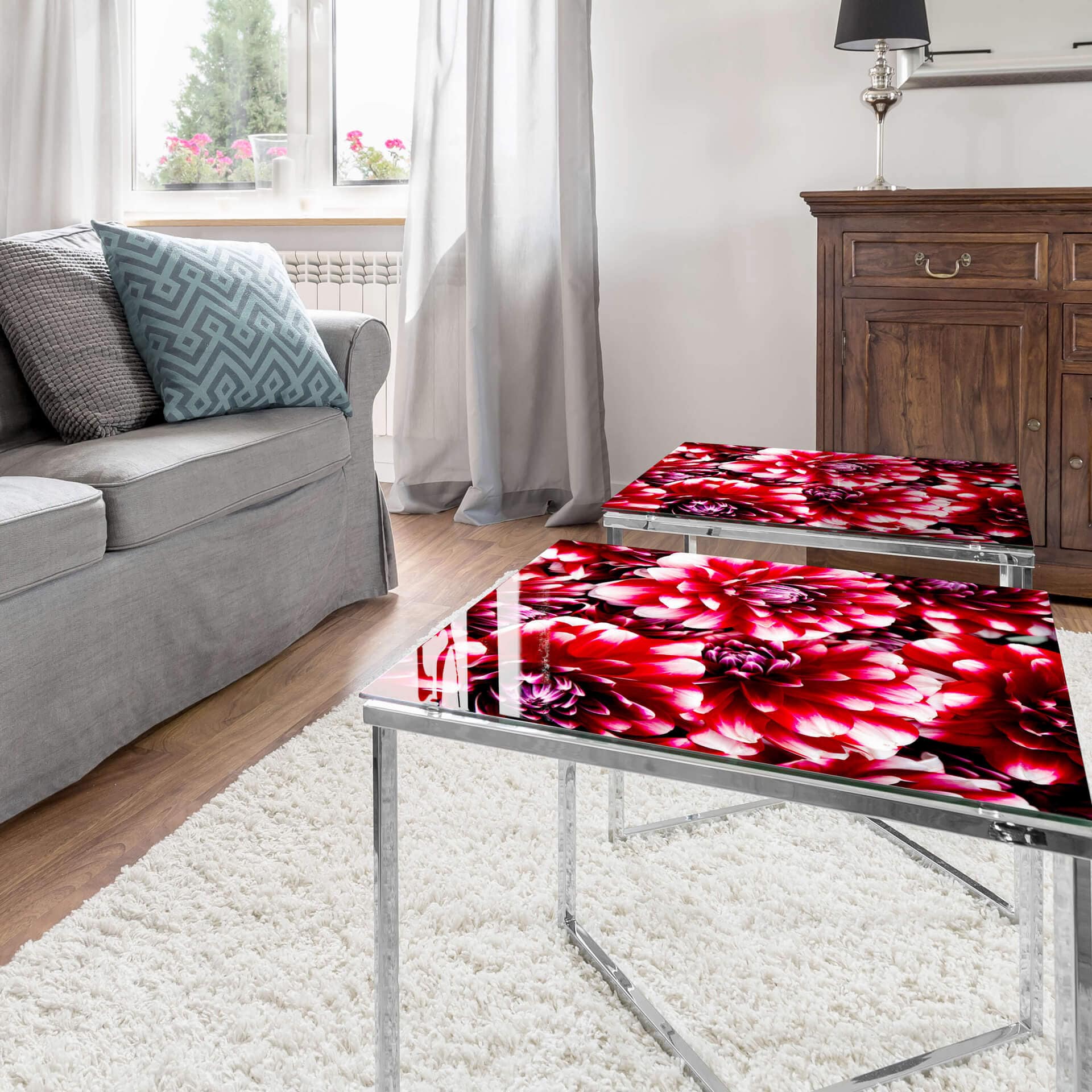 Plateau de table en verre - Floraison rouge - Carré - 60x60 cm
