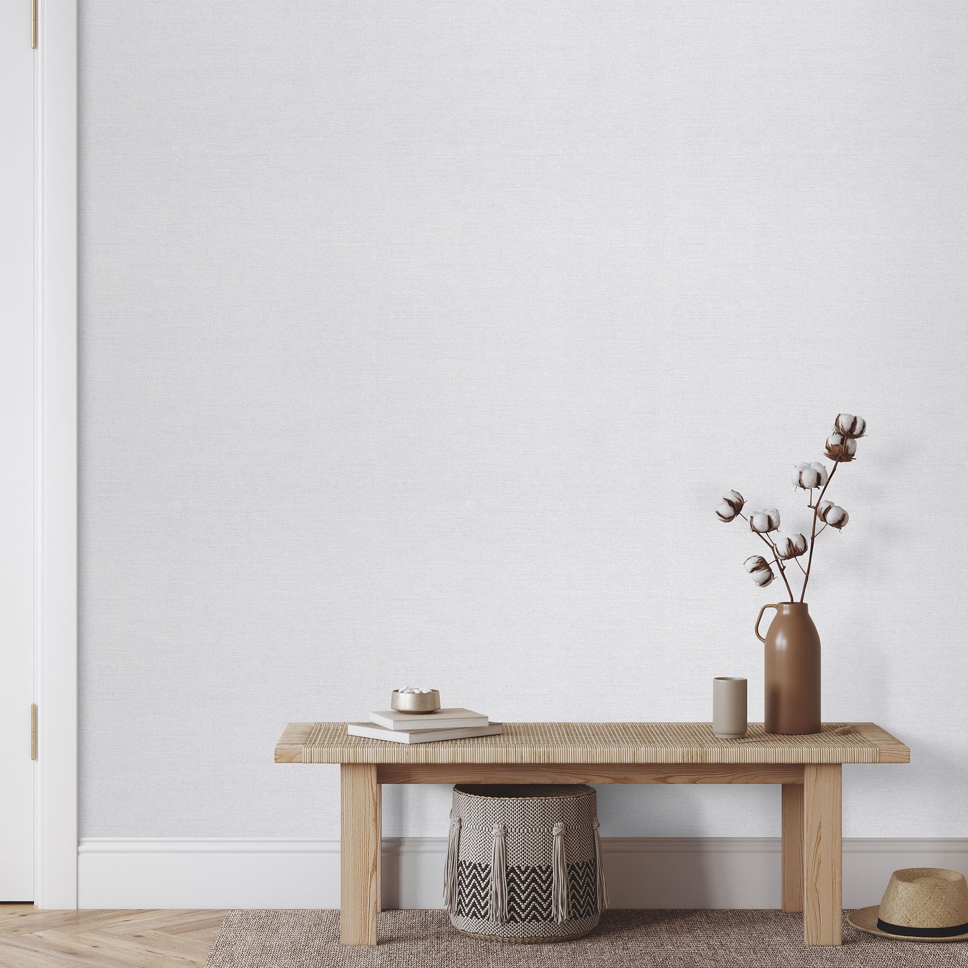 Vliesbehang effen lichtgrijs met een fijne linnenstructuur, subtiel modern en tijdloos