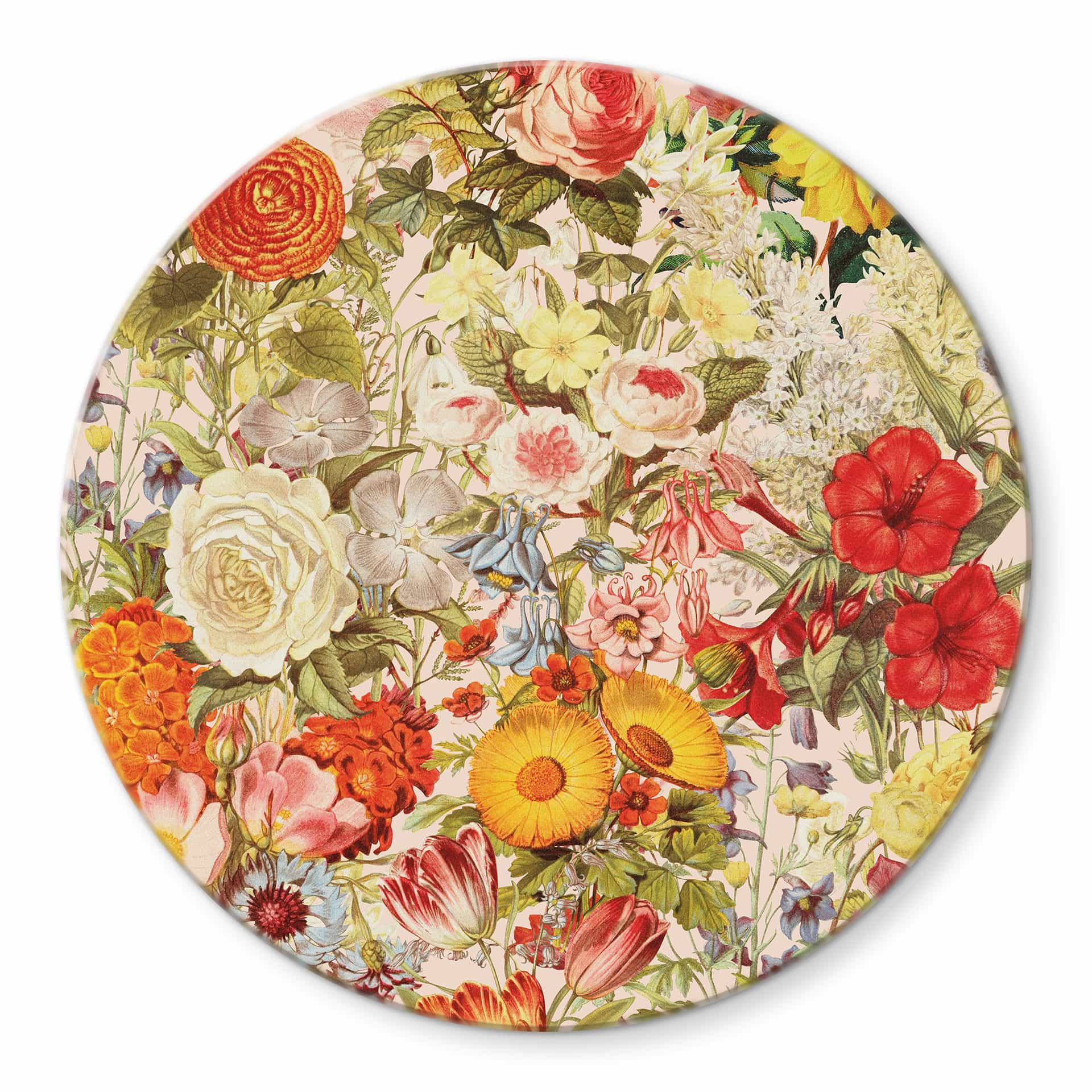 Glasbild Farbenfrohe Blumencollage - Frida Floral Studio - Rund