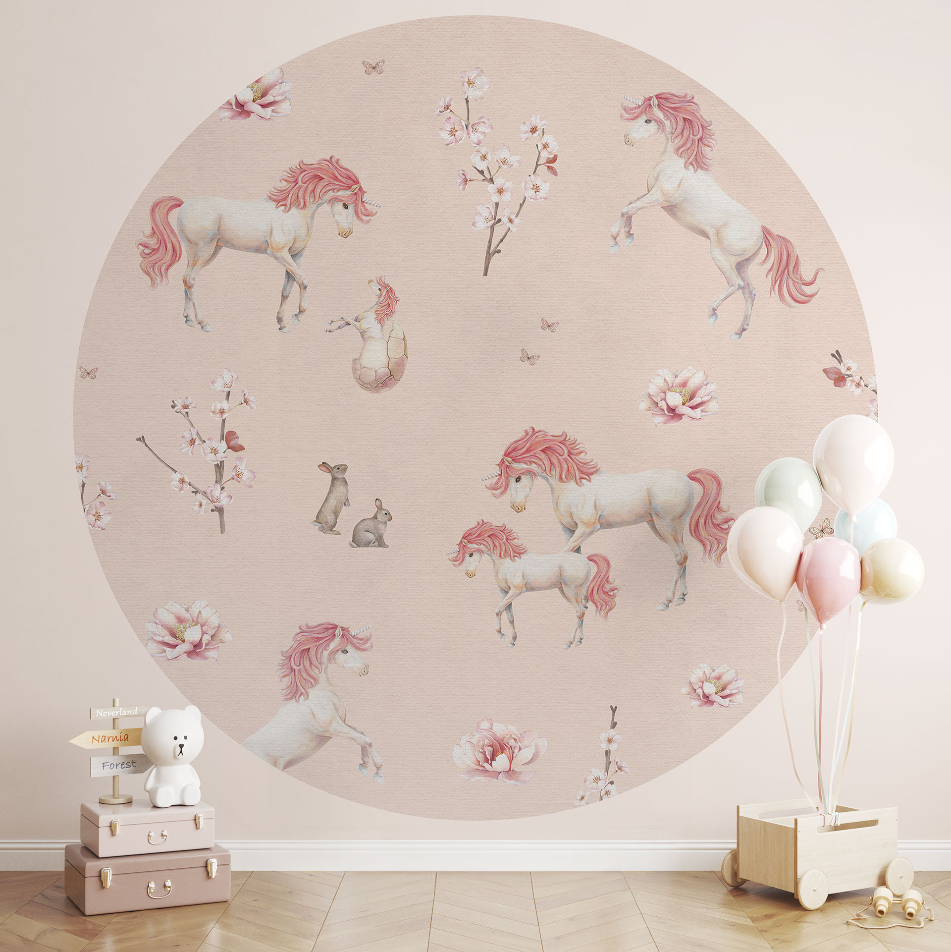 Betoverende eenhoorns met kersenbloesems behang - Kikki Belle - Rond - vliesbehang/zelfklevend vlies