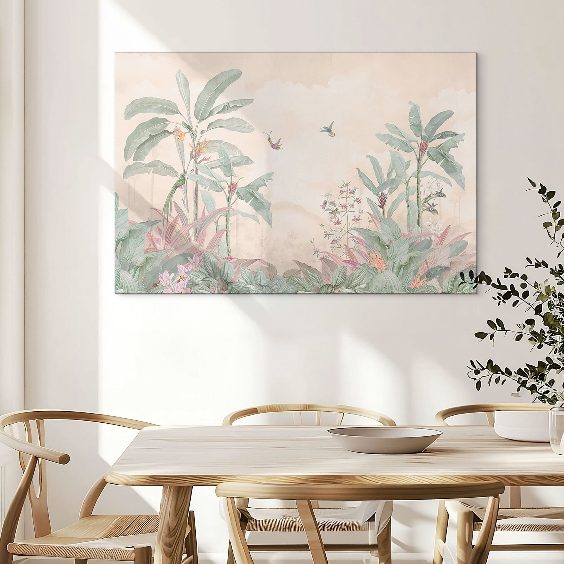 Tropisk idyl med kolibri abrikos - Bloomery Decor – print på aluminium (Alu-Dibond)