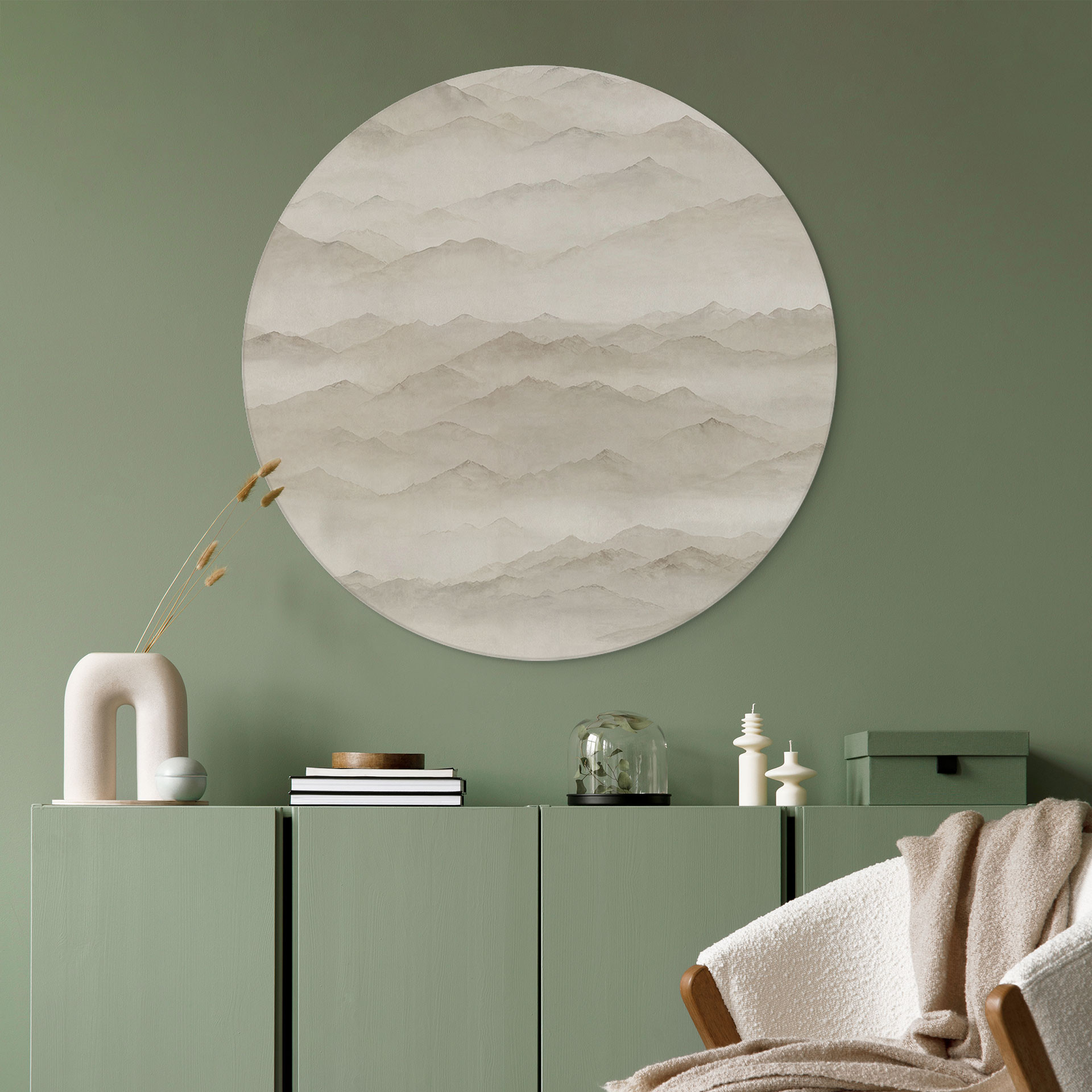 Tableau Roerich Peaks - Paysage Montagneux Beige - Sir Edward x Grigory Gladarev - Alu-Dibond Rond
