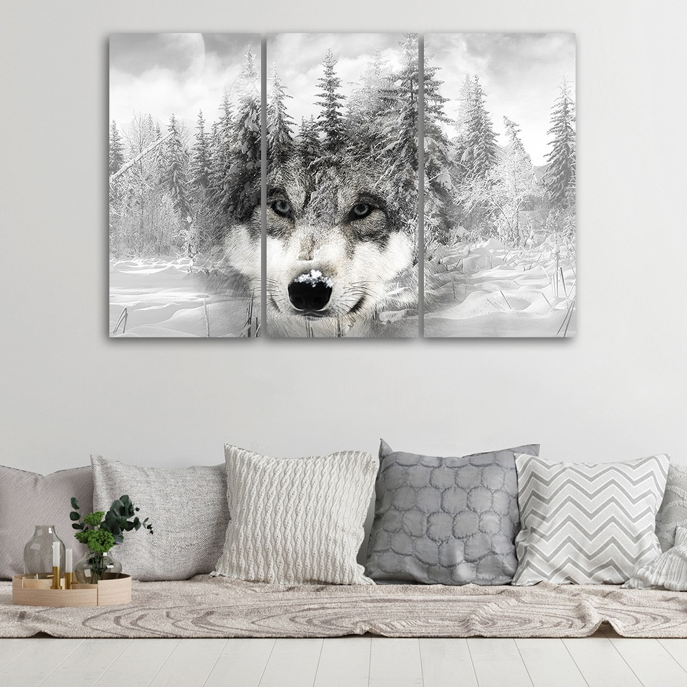 3 stykke lærredsprint, Wolf Forest Nature Grey