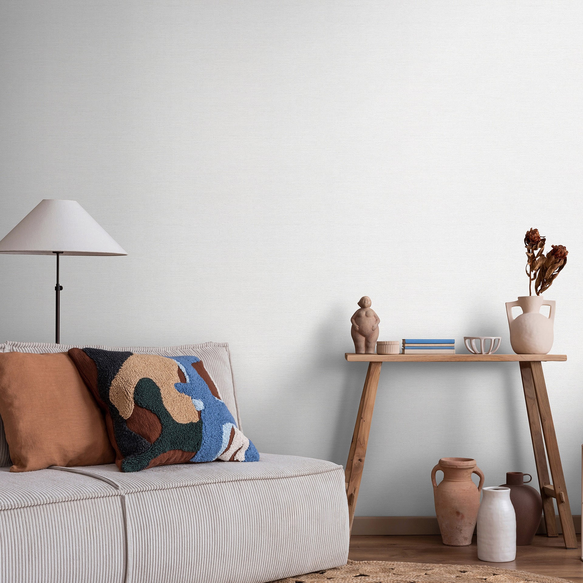 Vliesbehang effen wit met een fijne linnenstructuur, subtiel modern en tijdloos elegant