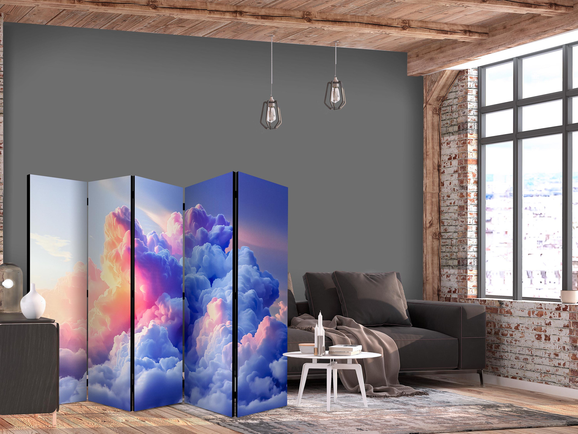 Paravent, Raumteiler freistehend, Trennwand - Artistic Dawn Clouds, 5-teilig - 225x172 cm