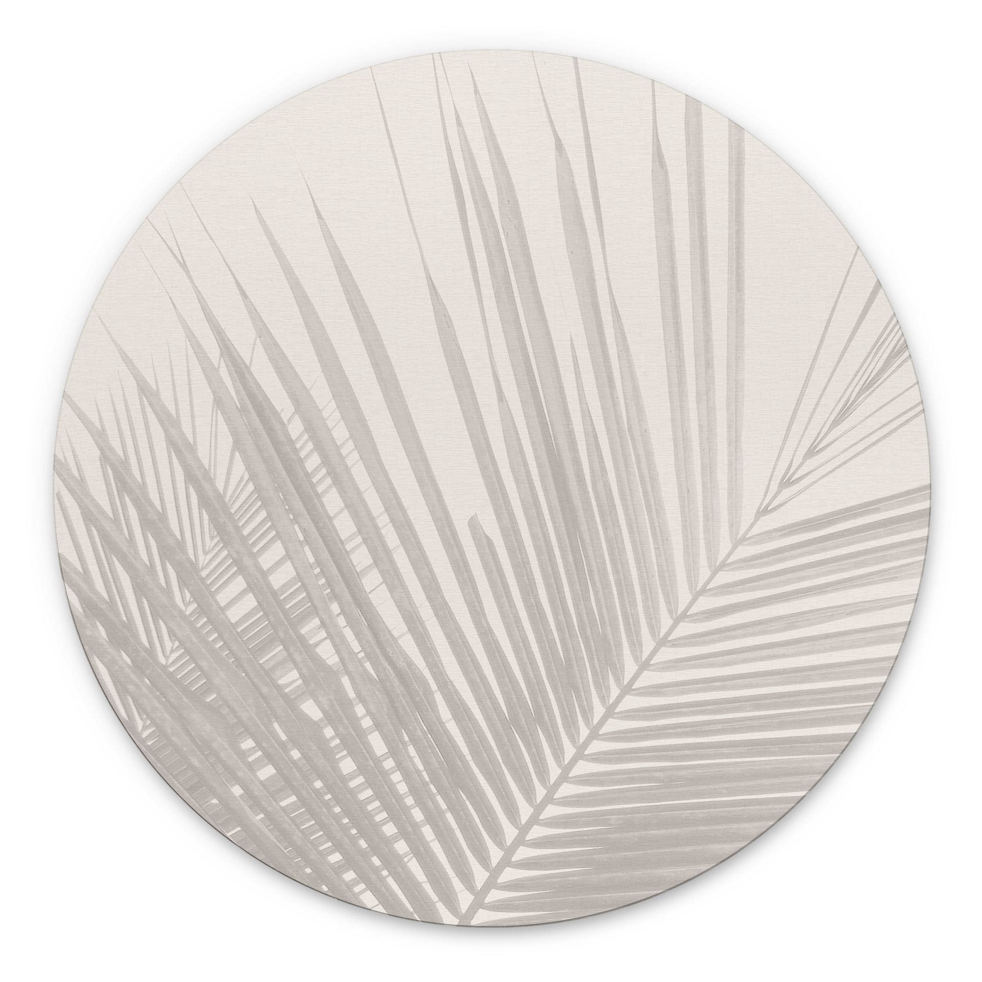 Billede af palmeblade i hørlook - Bloomery Decor - rund – print på aluminium (Alu-Dibond)