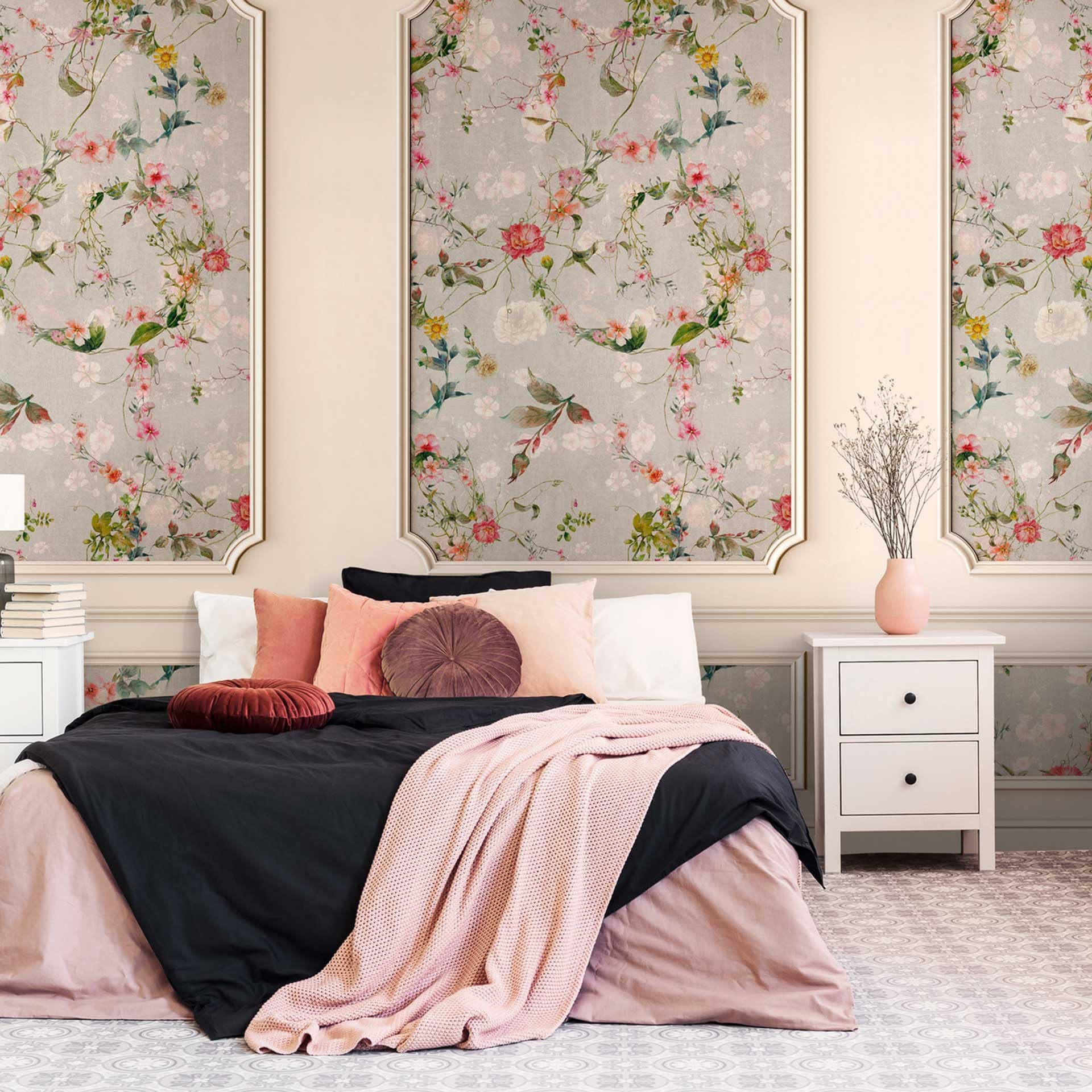 vintage behang met bloemmotief - vliesbehang 3D panelen - elegant woonkamer behang