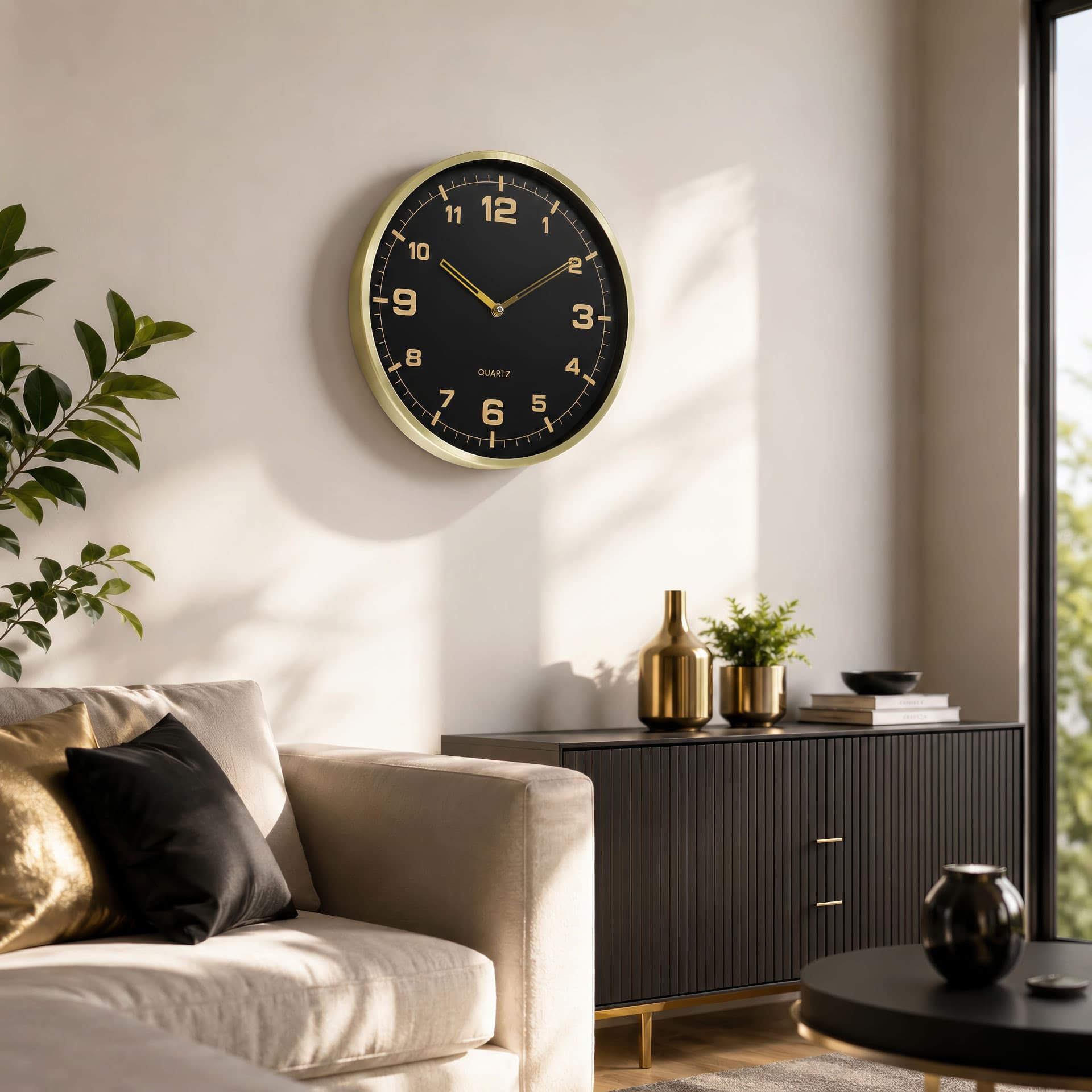 Horloge murale aluminium noir et or, horloge à quartz ronde avec grands chiffres 30x30x4 cm