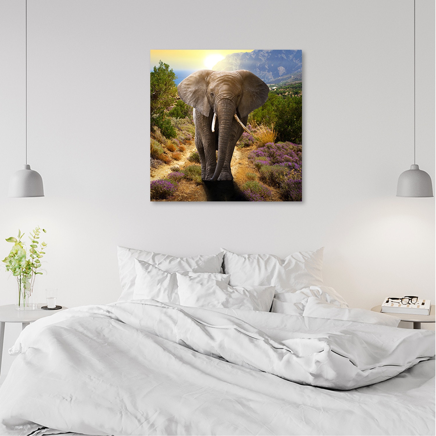 Canvasbillede, Elefant ved solnedgang