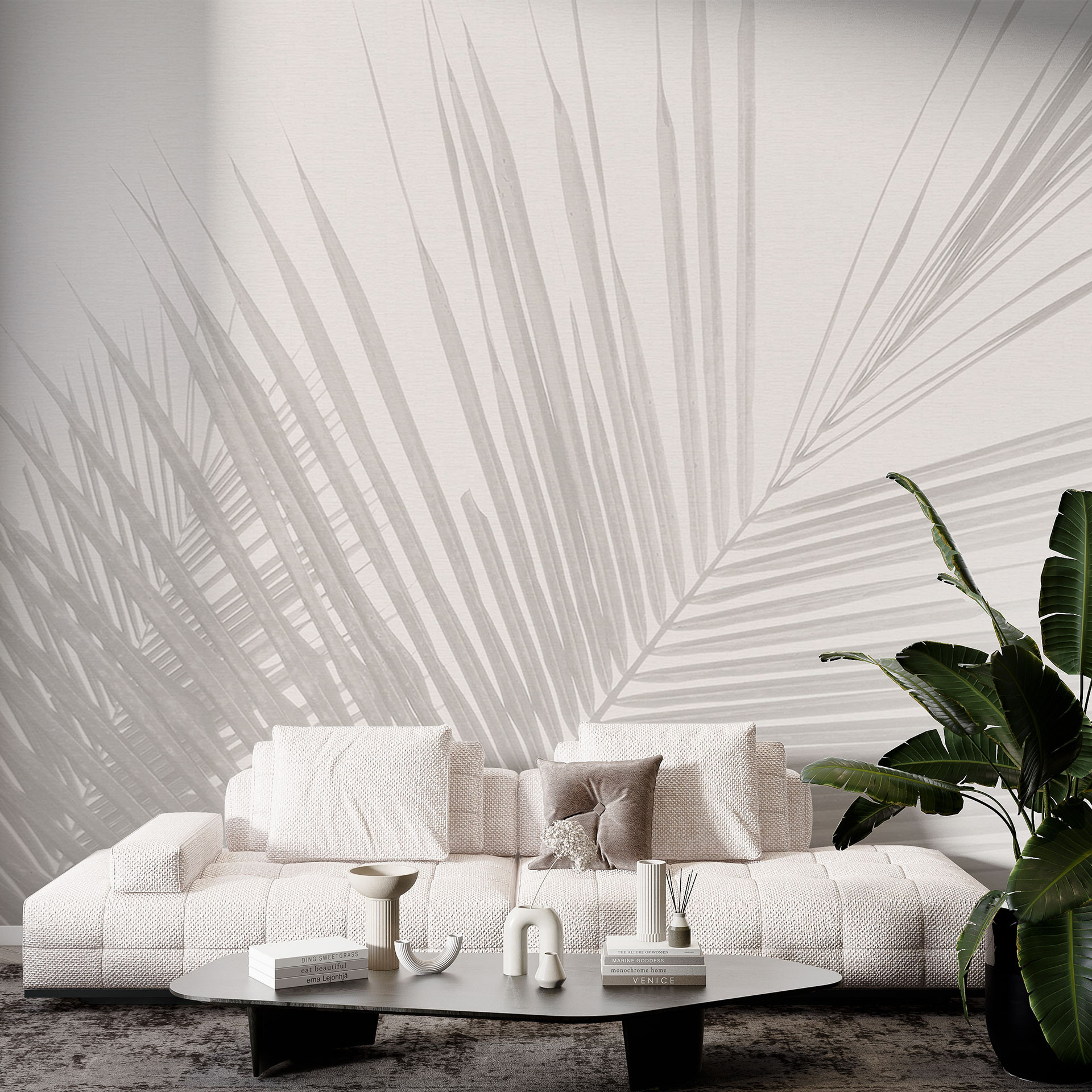 Boho Fotobehang palmbladeren in linnenlook - Bloomery Decor