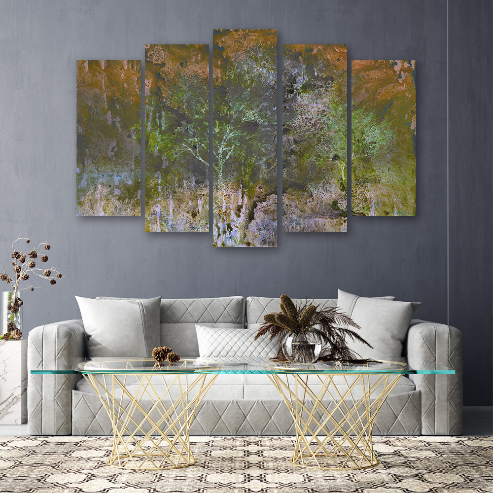 5 stykke lærredstryk, et blomstrende træ i rustengen