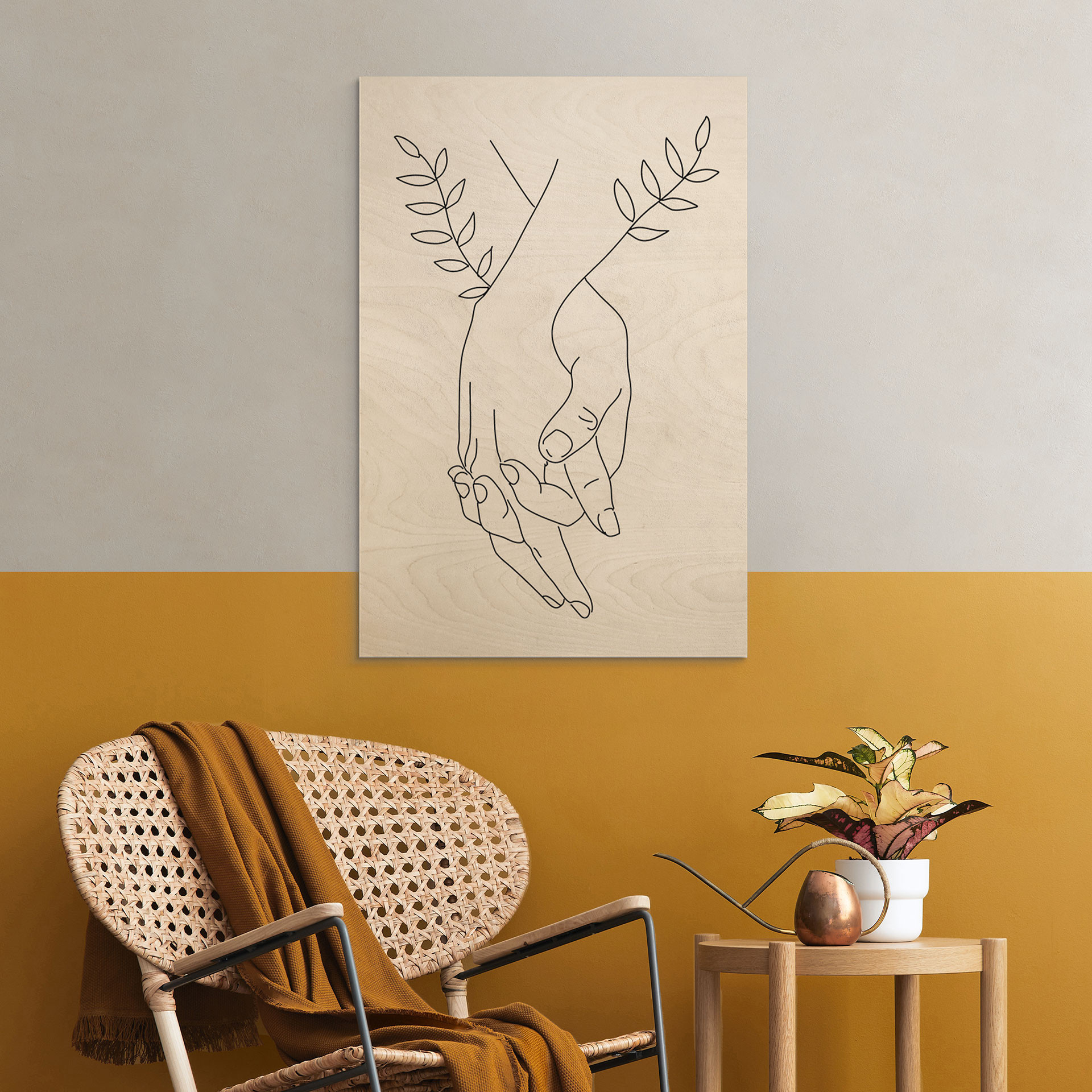 Plakat drewniany Line Art - Kochankowie trzymający się za ręce - Lizde